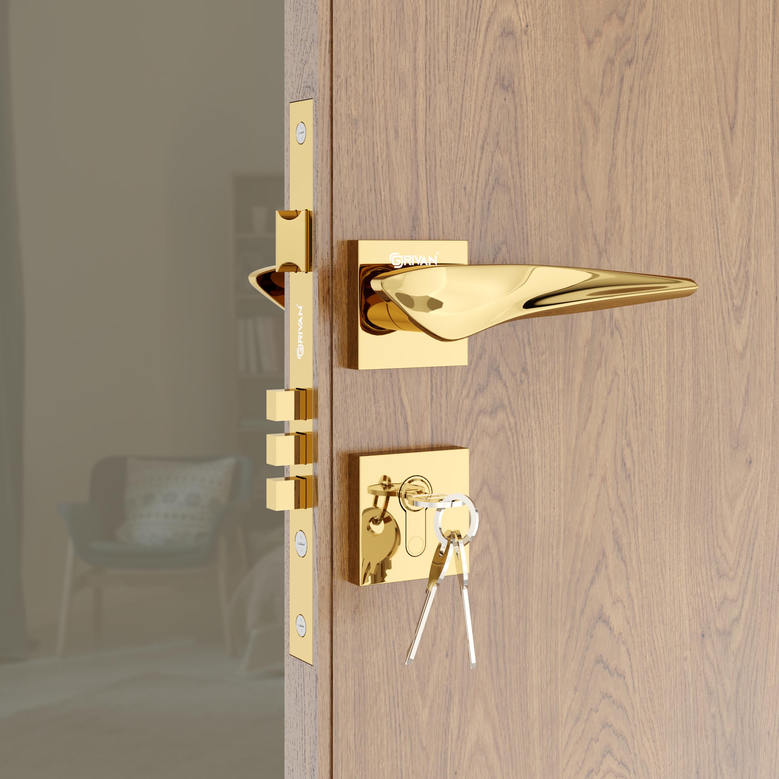 GRIVAN Premium Heavy Duty Door Locks for Main Door, Mortise Door Lock Set with 3 Brass Keys, Bedroom Door Lock, Handle Lock for Home/Office/Hotel (Gold Finish) | 2 Years Warranty