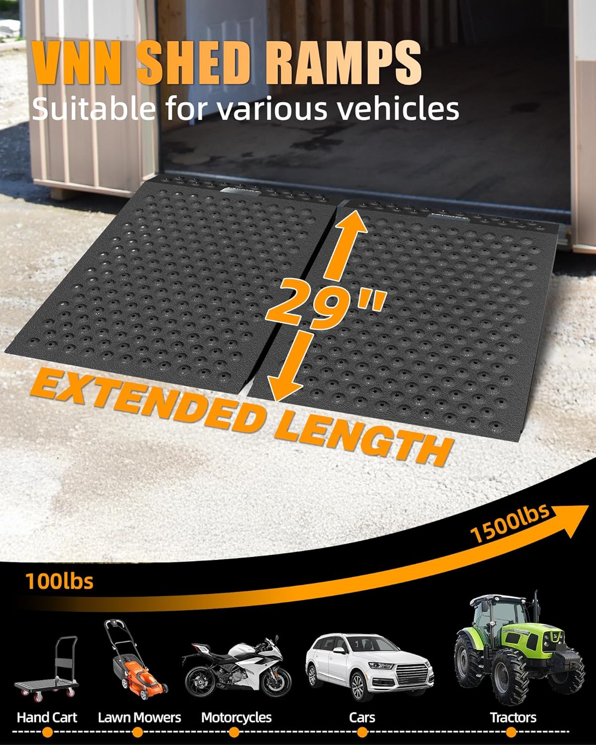 VNN 29" x 48" Shed Ramp for Riding Mower - 1500 LB Capacity Shed Ramps, Anti-Slip Punch Plate Ramp for ATV, Motorcycles, Garages & Barns (2PC, Velvet Black, Alloy)