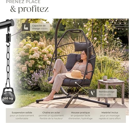 tectake® Fauteuil Oeuf Suspendu Chaise hamac Balancoire Cocooning Confortable Pliable Résistant, Fauteuil Relax avec Structure en Acier & Coussin Épais - 4