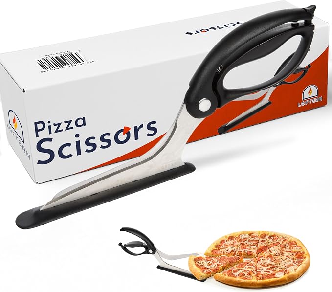 Loftern Pizza Scissors - Non-Stick Pizza Scissors with Firm Grip Base - Food Grade Stainless Steel Pizza Cutter - 5-in-1 Food Slicer & Pizza Server - Durable, Safe & Mess Free