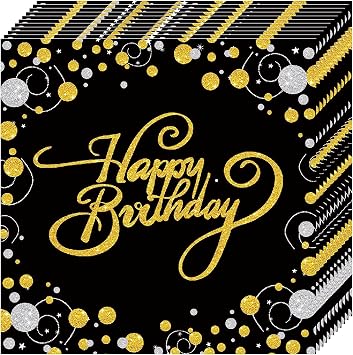 32 Pcs Happy Birthday Paper Black and Gold,Disposable Napkins Party Decorations of 90th 80th 70th 60th 50th 40th 30th Birthday