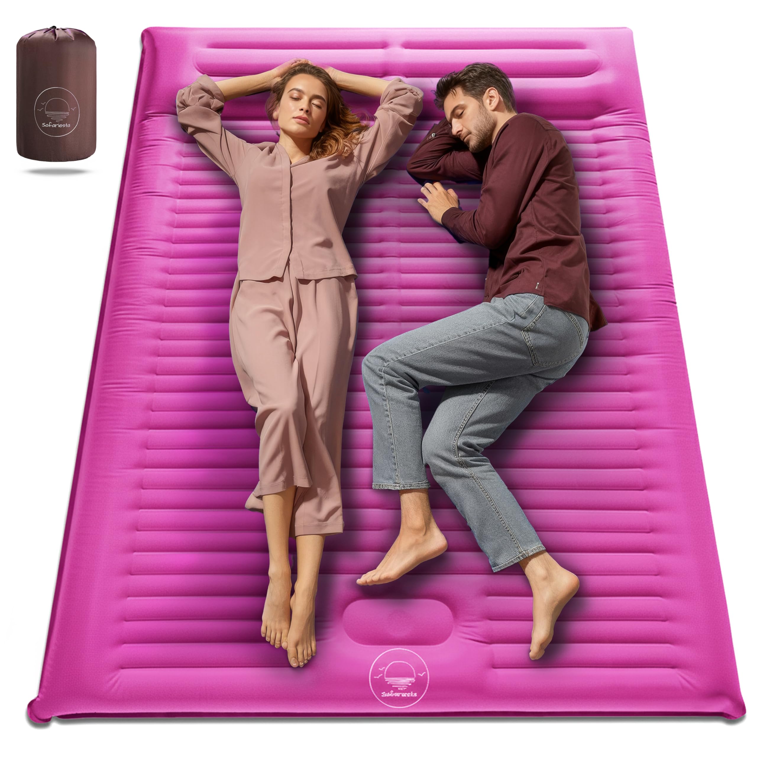 Safariesta Premium Double Sleeping Pad for Camping - Camping Mattress 2 Person XL with Built-in Pump - 6.9" Thick Camping Beds for Adults - Indoor,