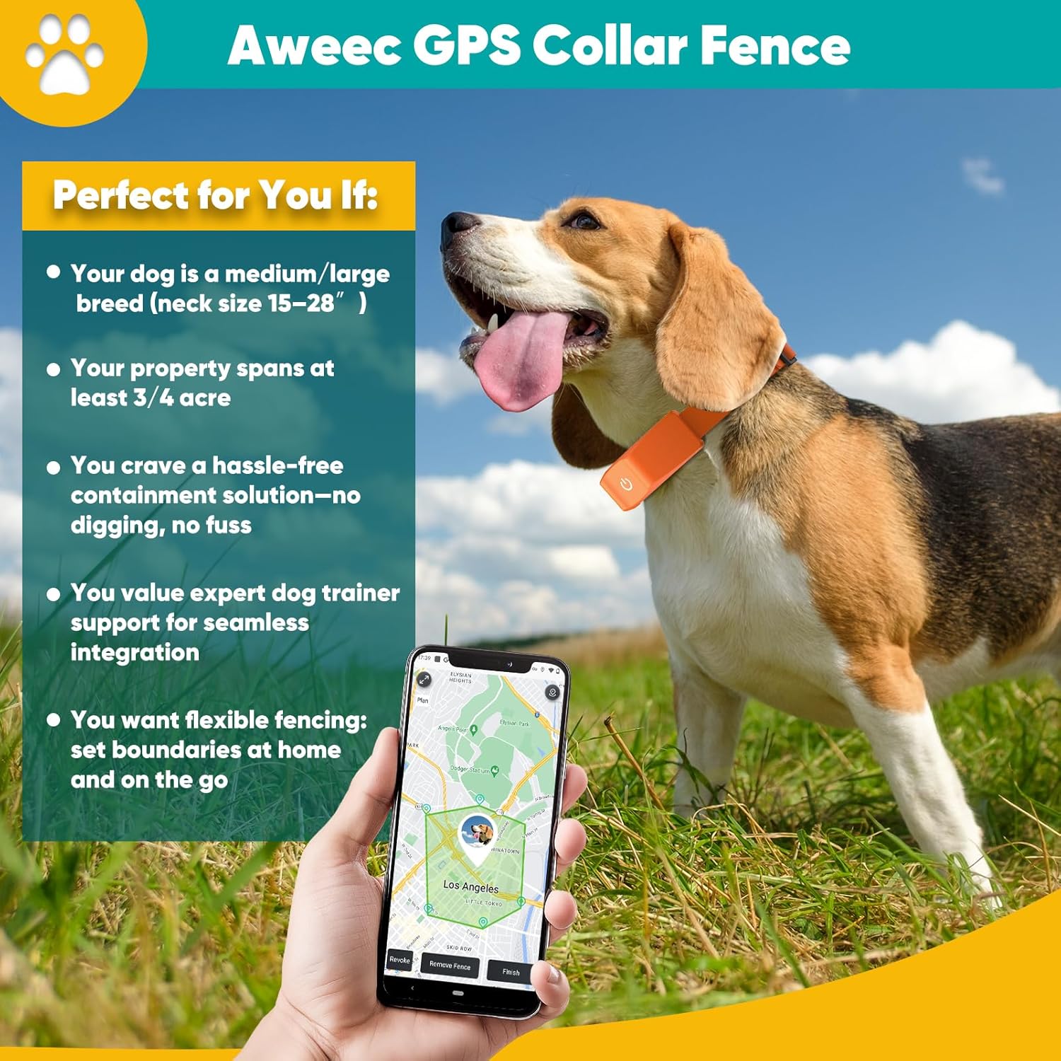 GPS Wireless Dog Fence with Free App, Electric Fence System with Training Collar, Portable Fence for Outdoor Use, Rechargeable Waterproof Flexiable Collar, Adjustable for Large Medium Dogs (Orange)
