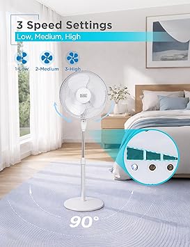 BLACK+DECKER 16 Standing Oscillating Pedestal Fan with Remote, 90-Degree Oscillation, 3 Speed Settings, Adjustable Height, Timer, 30-Degree Tilt, BFSR16W, White