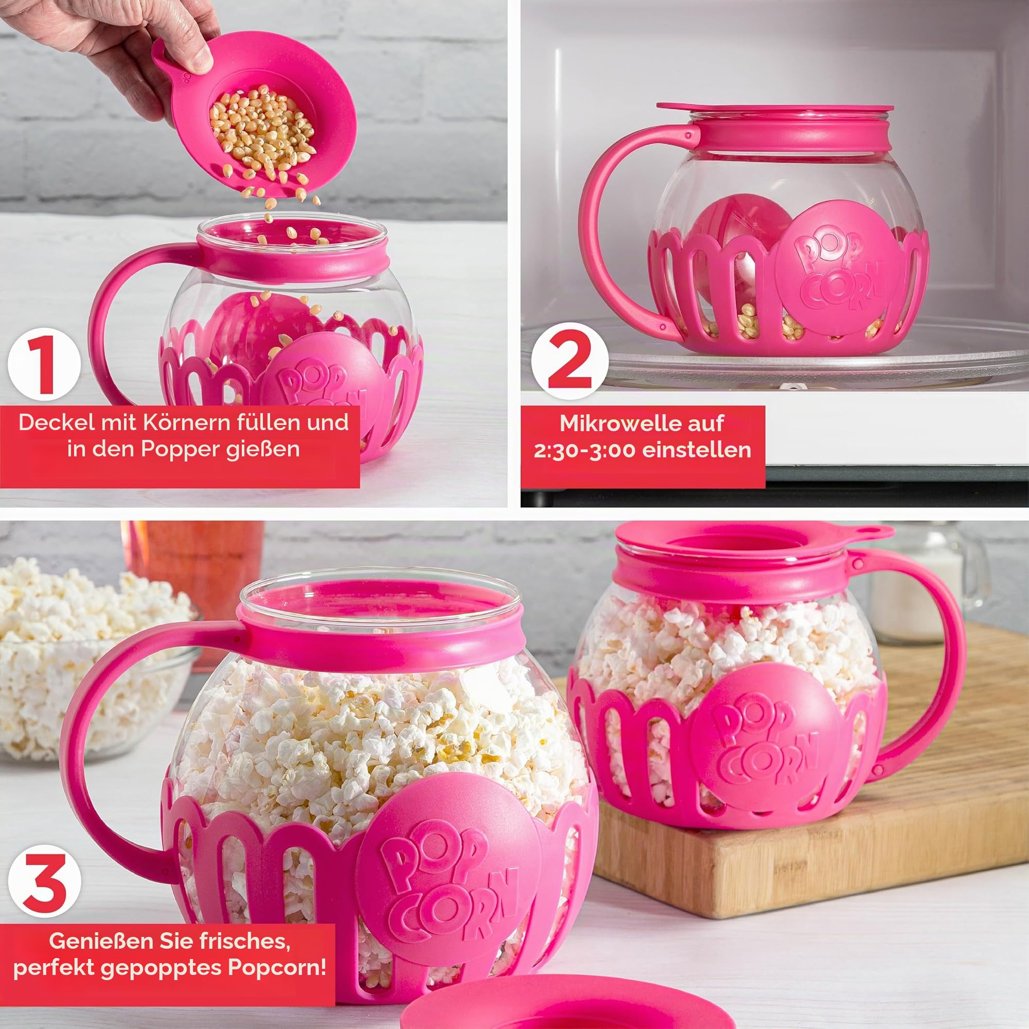 Ecolution patentierter Micro-Pop Mikrowellen-Popcorn-Popper, Borosilikatglas, hot pink