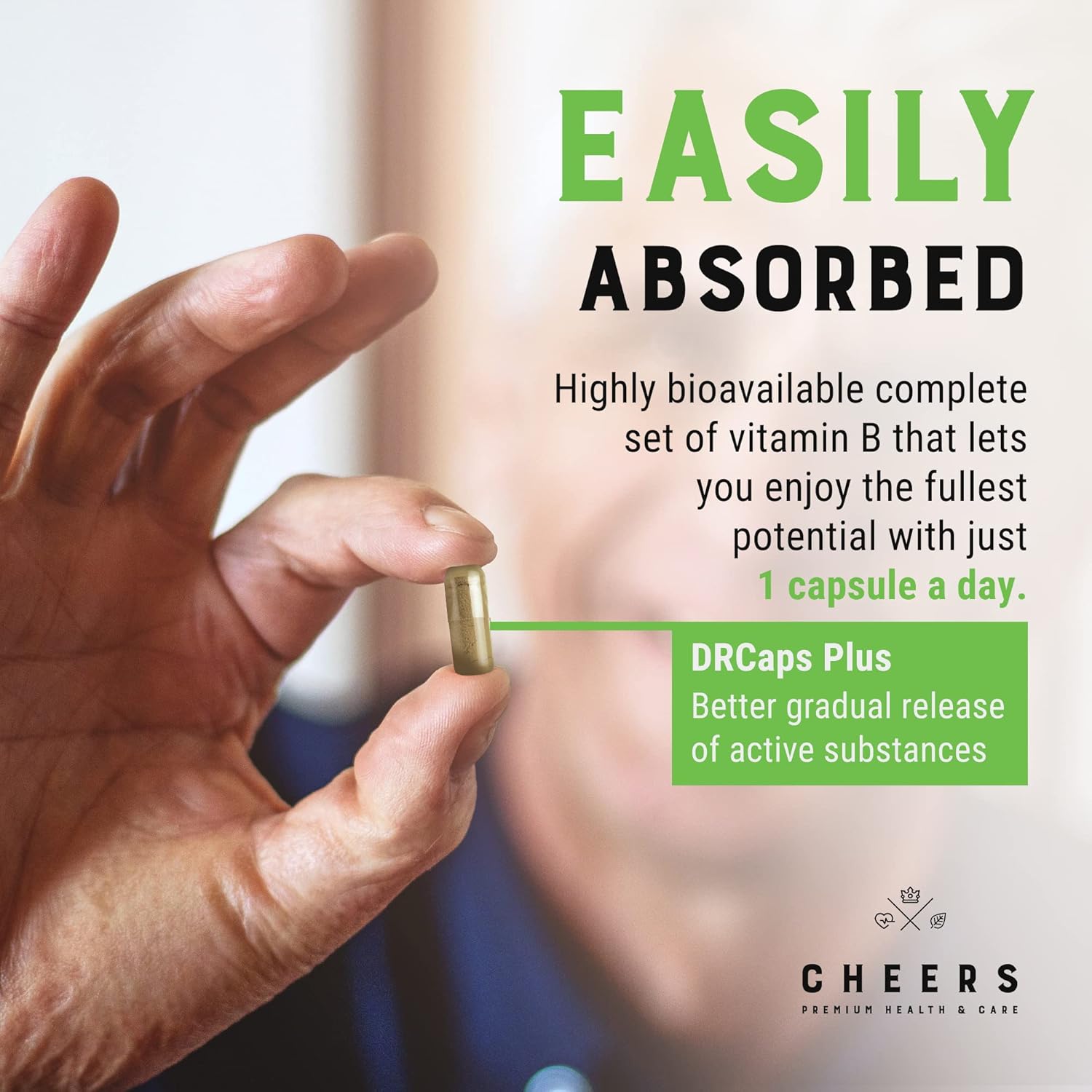 CHEERS Vitamin B Complex Supplement | 113.5mg Complete B Vitamins with B1, B2, B3, B6, B12 | High Absorption Vegan B Complex for Brain, Nerve & Immune Support | Non-GMO, DRcaps® Plus | 60 Capsules