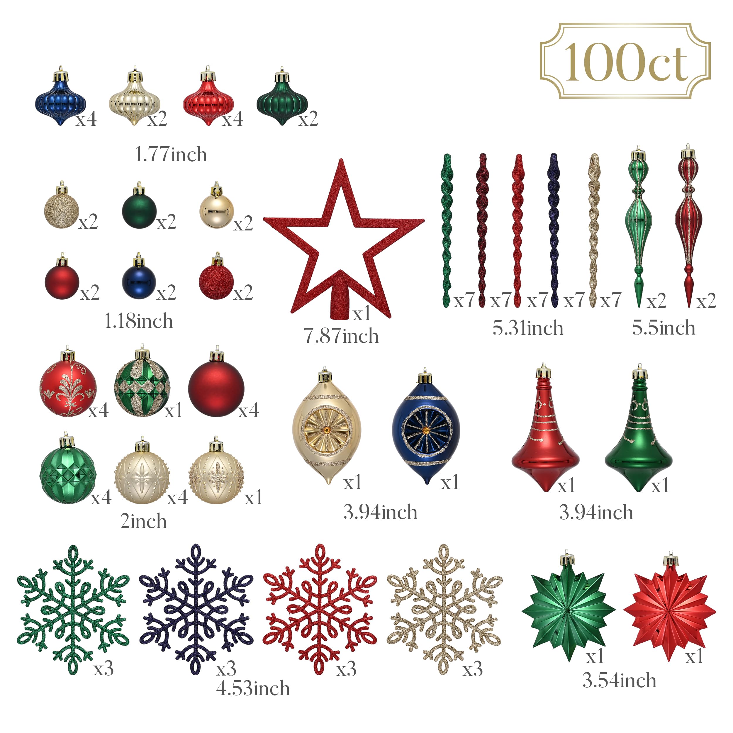 Valery Madelyn Lot de 100 boules décoratives pour sapin de Noël Taille M | Décorations de sapin de Noël incassables à suspendre - Rouge, vert et doré