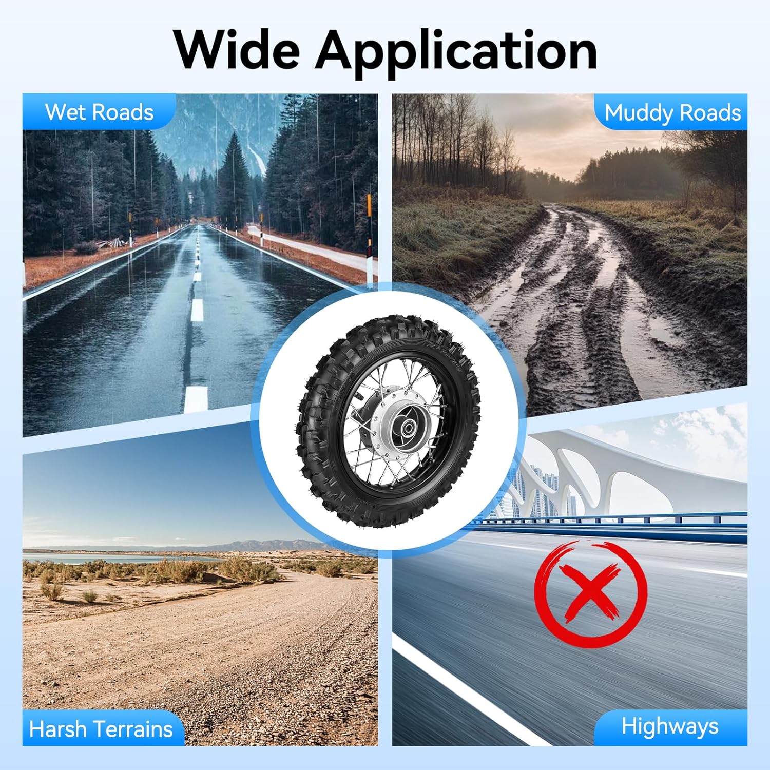 Wide application of the tire on various terrains, excluding highways