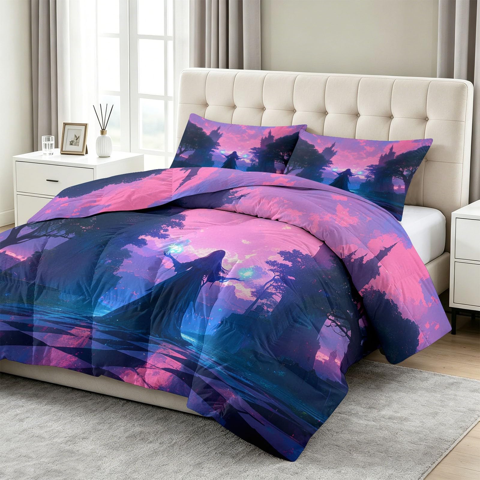 Piumino stampato 4 stagioni 240 x 260 cm fantasia Halloween magia castello set da letto 3 pezzi, microfibra ultra morbida e antiacari – design senza rivestimento con trapuntatura losanga, rosa