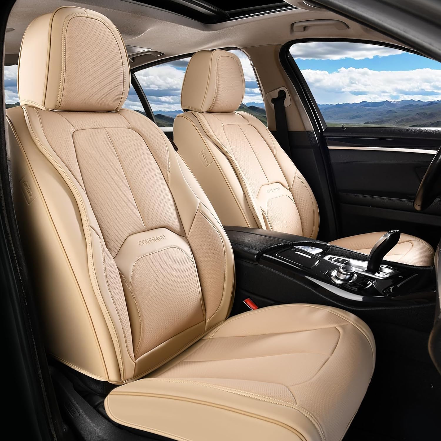 Coverado Premium Nappa Leather Front Car Seat Covers with Lumbar Support - Waterproof Universal Fit for Most Vehicles (Beige)