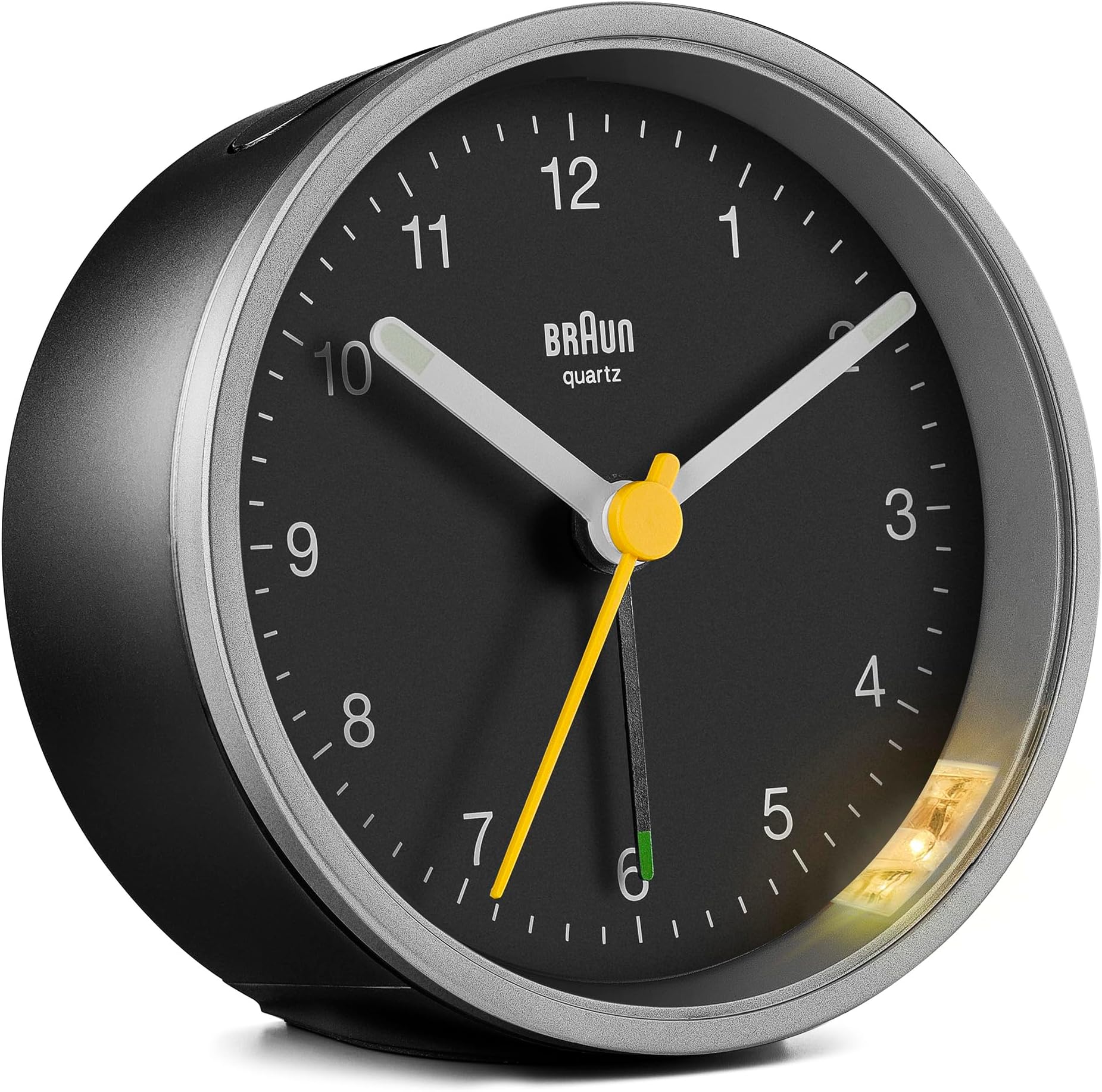 Classic Analogue Alarm Clock with Snooze and Light, Quiet Quartz Movement, Crescendo Beep Alarm in Black and Silver, model BC12SB.