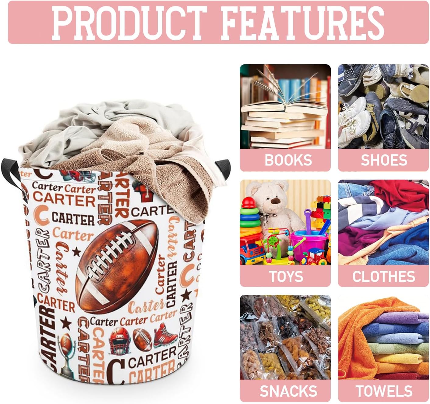 Football Laundry Basket,Custom Laundry Hamper with Name,Personalized Football Gifts for Boys Girls,Customize Collapsible Laundry Basket for Bedroom Bathroom,M-19.5"X 15.7"