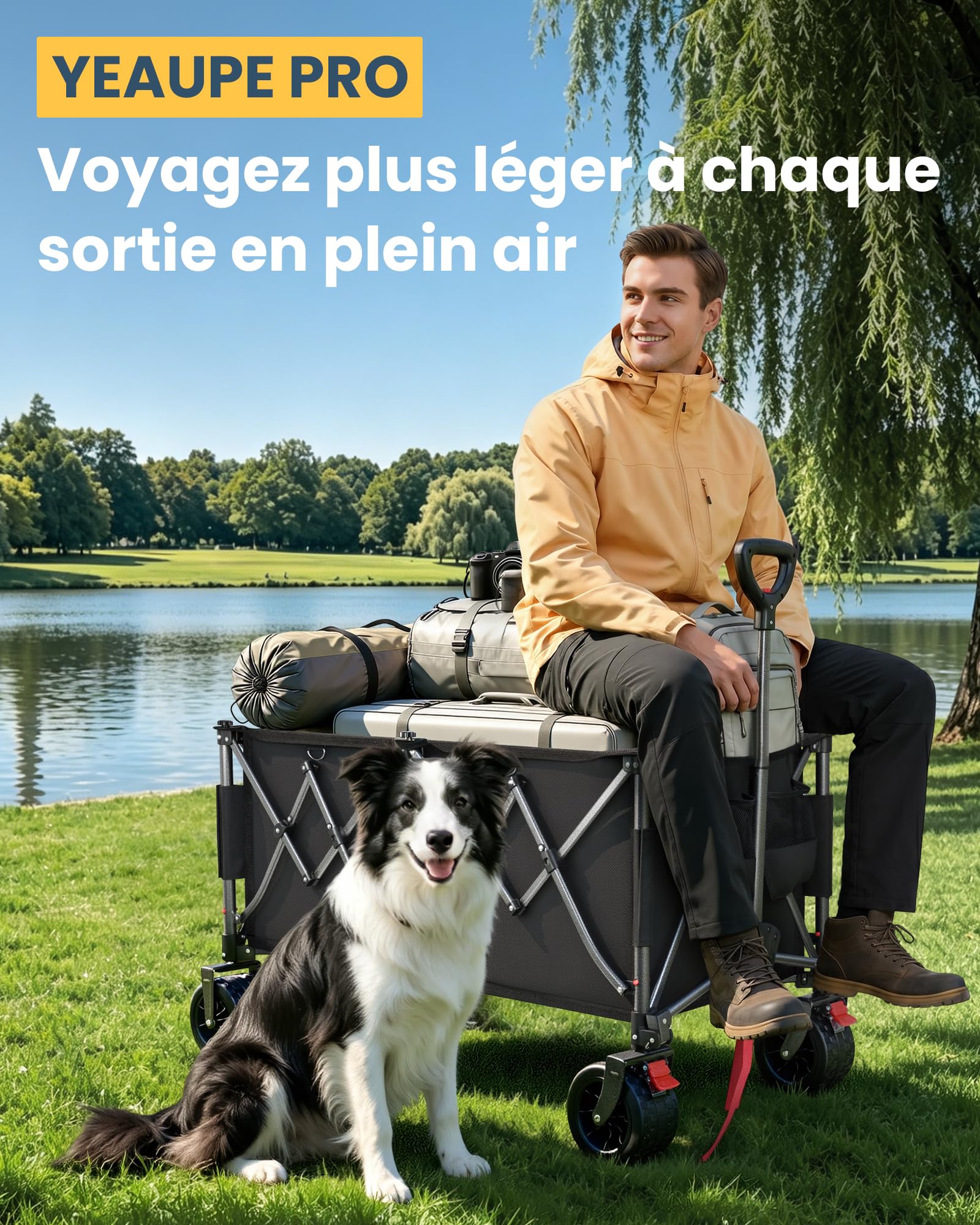 YEAUPE PRO Chariot Transport Pliable 260L 250KG, Chariot de Plage Pliable Roues Tout-terrain17x10 cm. Freins Doubles, Pliage Compact. Idéal pour Les Plages, Le Camping, Les Activités de Plein Air