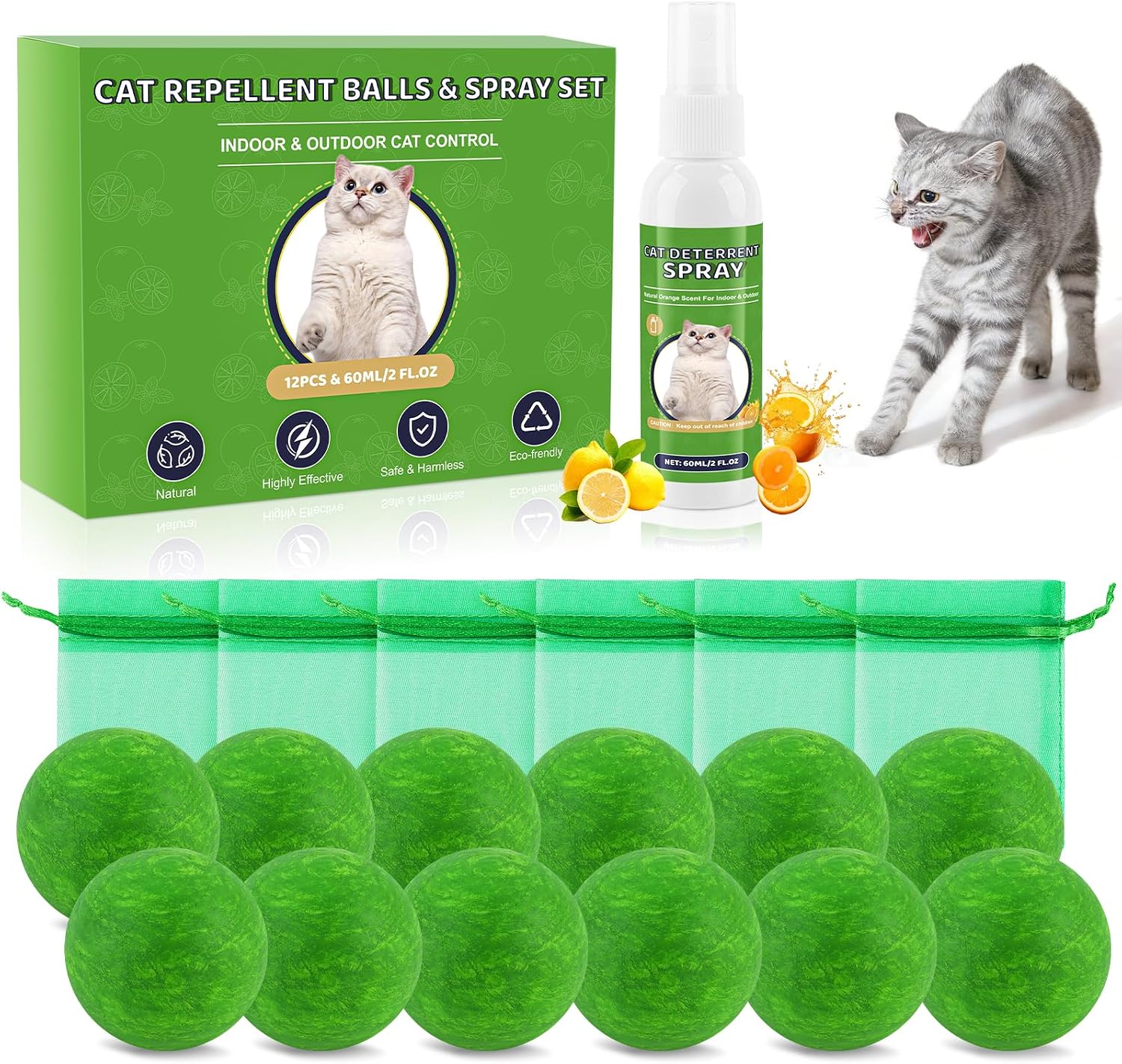 Cat Repellent Balls & Spray, Dog Repellent Outdoor & Indoor, Natural Peppermint Oil Cat & Dog Deterrent Spray 60ml, 12 Pack Natural Essential Oil Ball, Keep Cats Away from Yard, Furniture