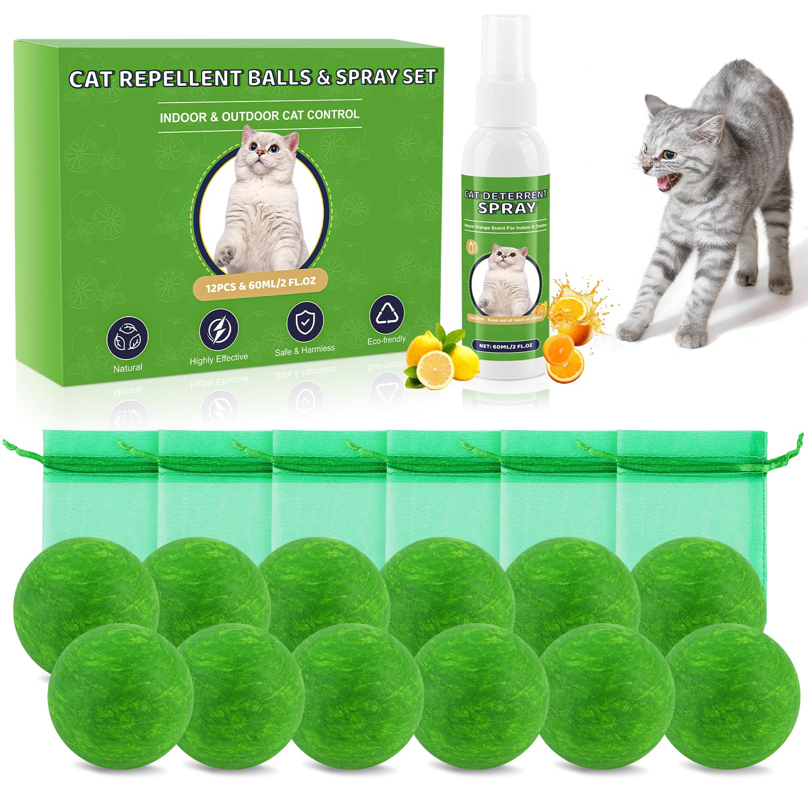 Katzenabwehrball & Spray, 60 ml Natürliches Pfefferminzöl-Abwehrspray für Katzen & Hunde draußen & drinnen, 12er-Pack ätherischen Ölbällen, hält Katzen von Garten und Möbeln fern