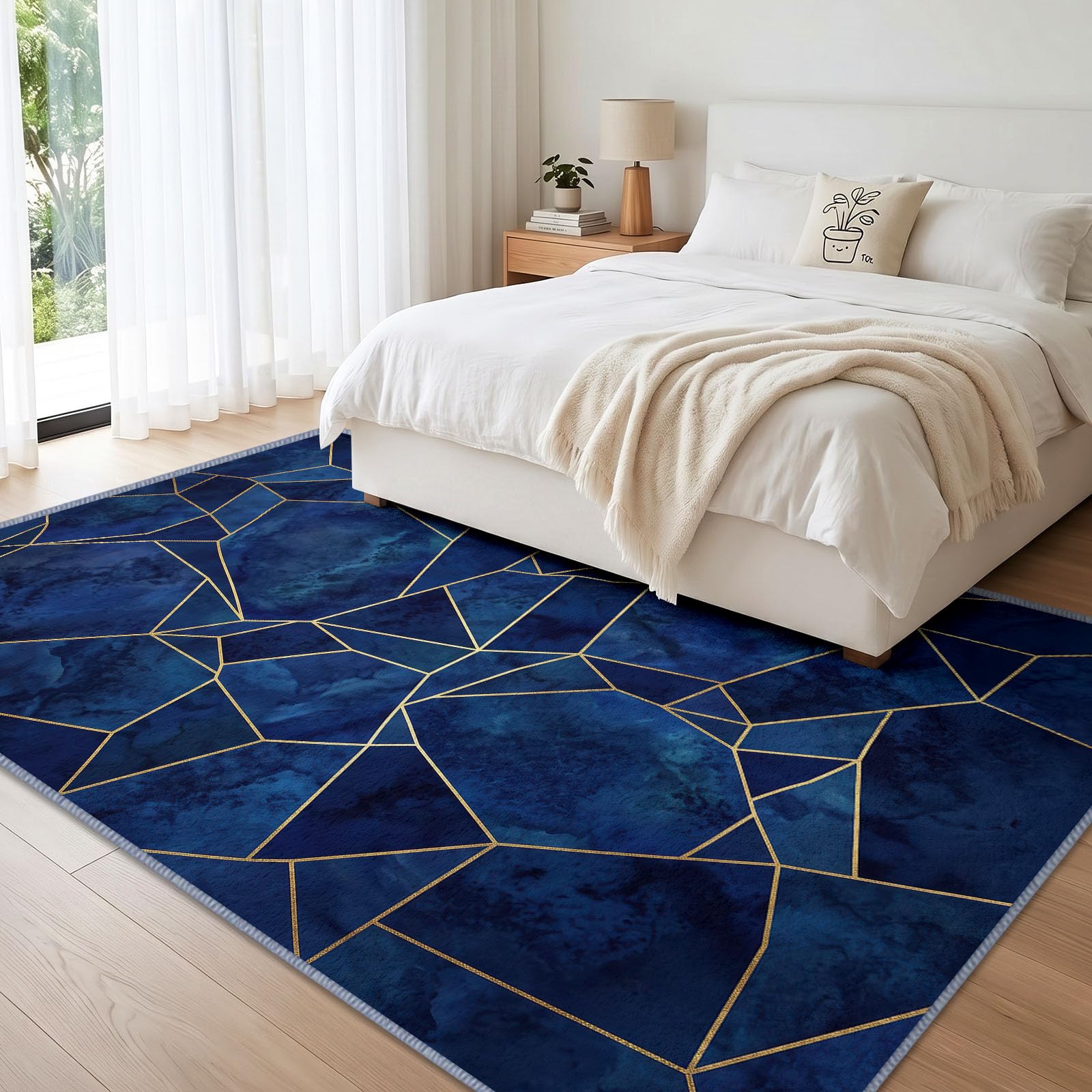 Style Marbre Tapis Salon 80x150cm, Lavable en Machine Antidérapant Grand Lignes Dorées Polygone Géométrique Bleu, Tapis Doux à Poil Ras pour Bureau, Chambre, Salle à Manger