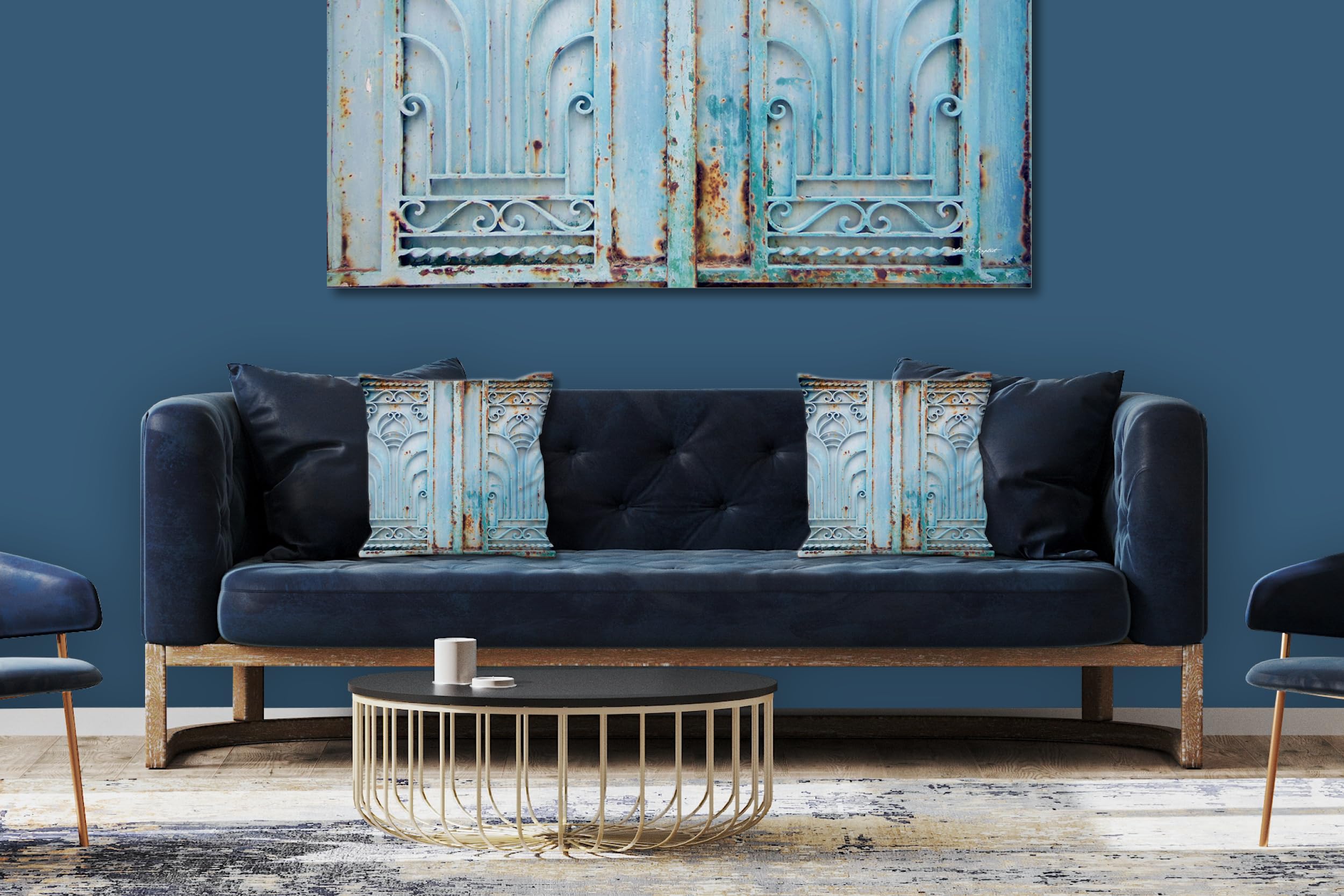 Ornamente 2 -Foto-Kissen-Hülle Set (2 STK.) 40 x 40 cm | Kissen-Bezüge - passend zu Wandbild - Deko-Kissen - Frankreich Tor Villa Metall-Optik