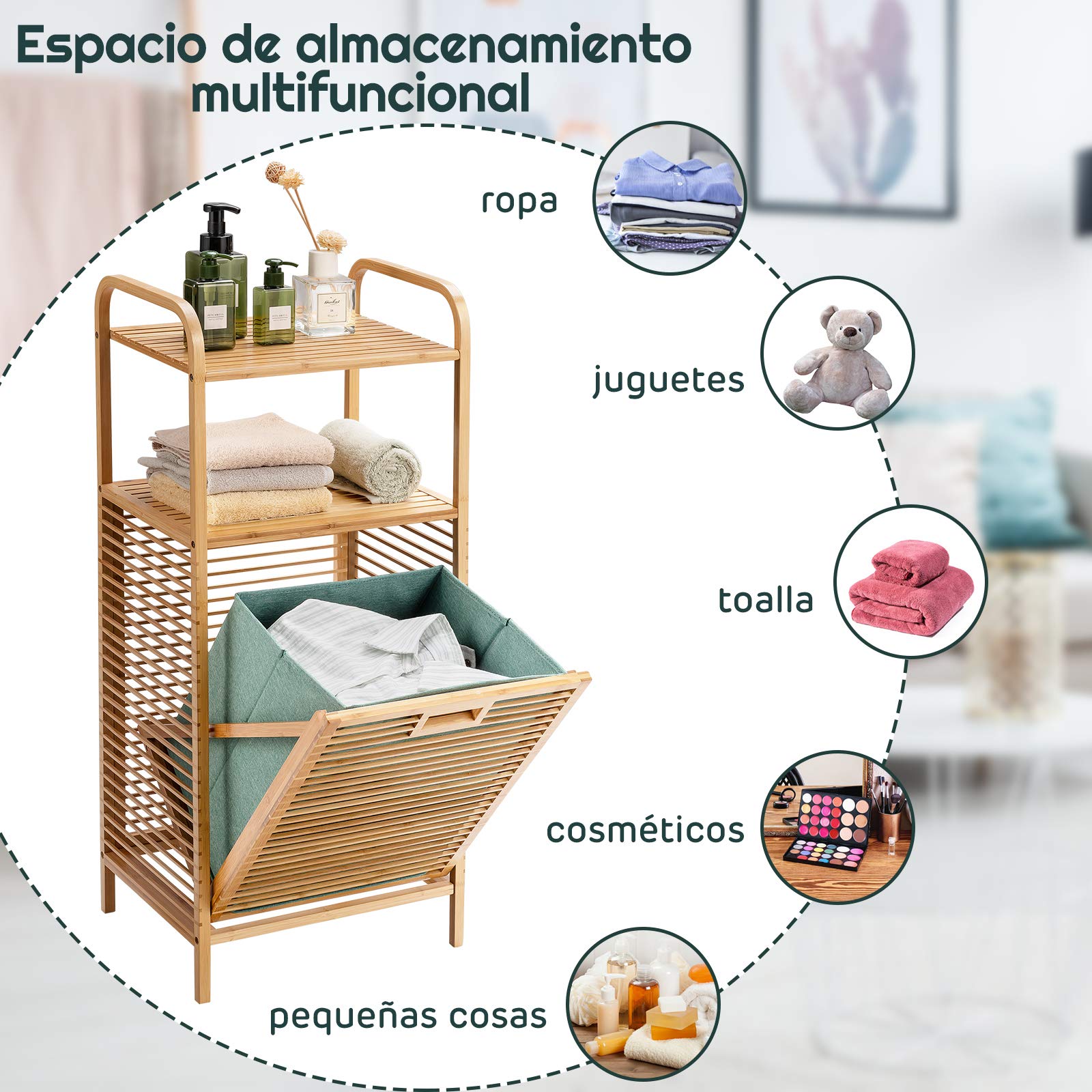 COSTWAY Estantería de Baño con Cesto para Colada, Mueble Ropa Sucia, 2 Estantes Abiertos para Baño Lavandería y Armario, 40,5x33x95,9 cm