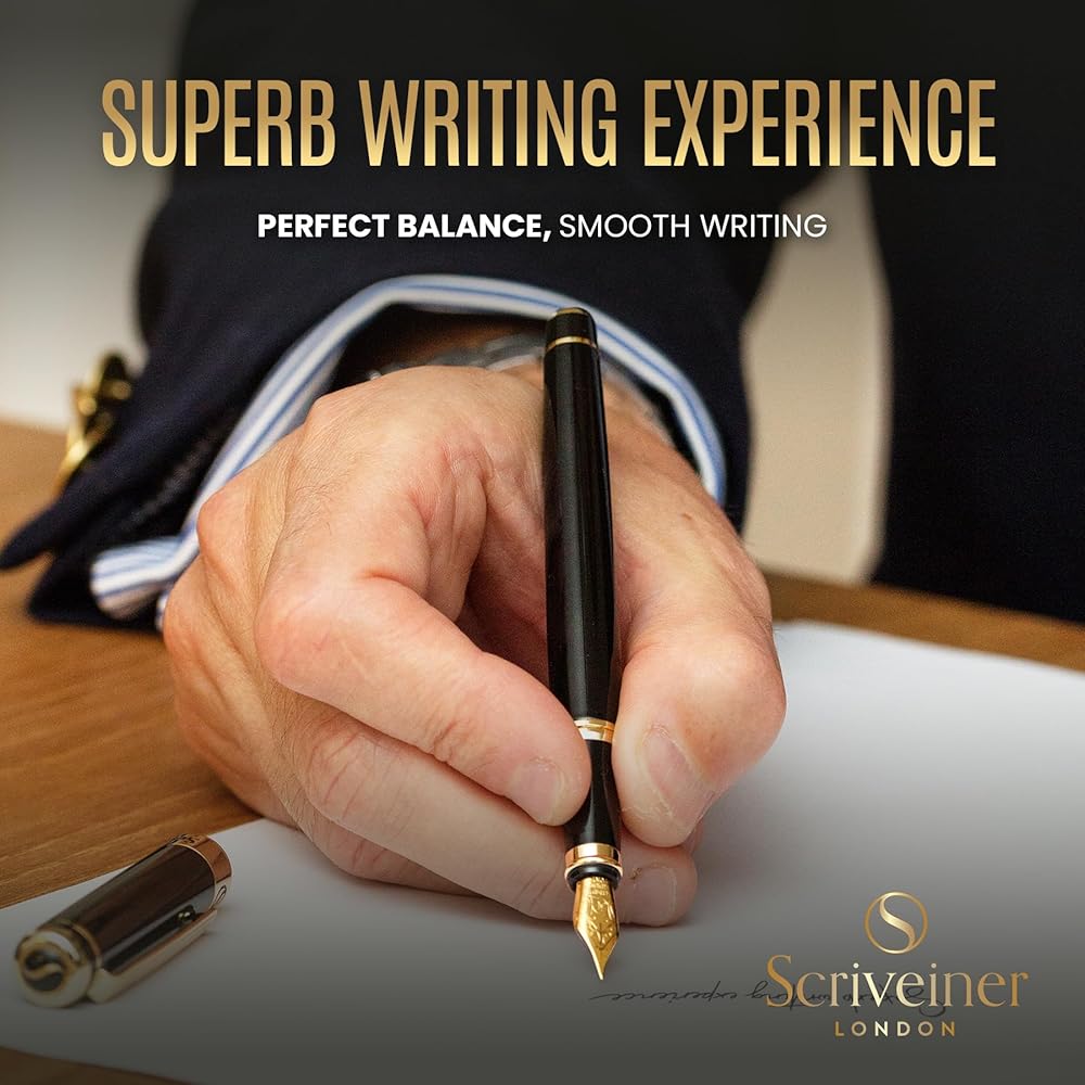 Scriveiner Luxury Fountain Pen - Stunning Gold Pen, 24K Gold Finish, Schmidt 18K Gilded Nib (Medium), Converter, Best Pen Gift Set For Men & Women, Professional, Executive, Office, Nice Pens - View #7