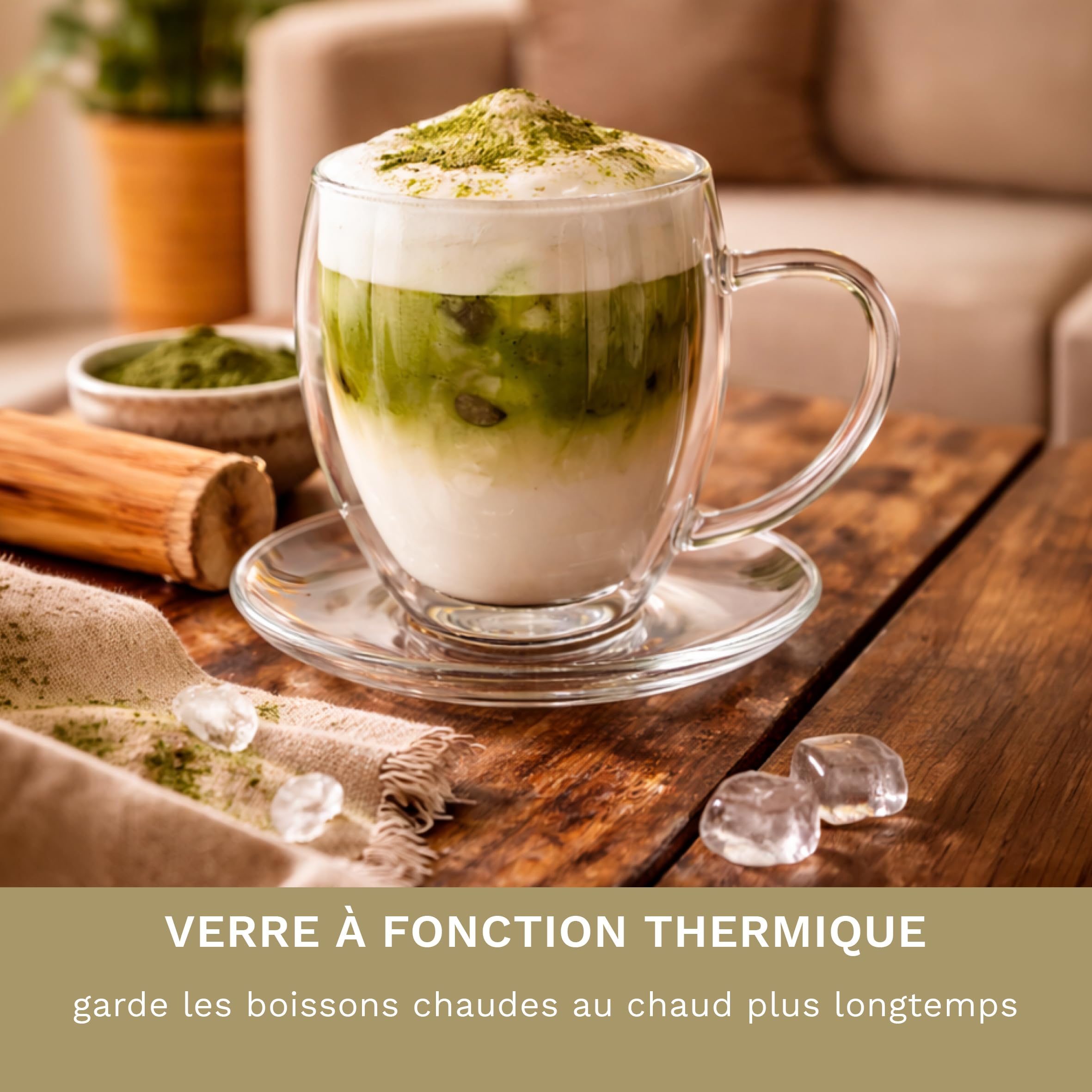 Creano Lot de 6 Tasses à Thé Double Paroi 250ml avec Soucoupes – Grand Set de Service Thermique Bombé en Verre Borosilicate – Idéal pour Gastronomie & Famille