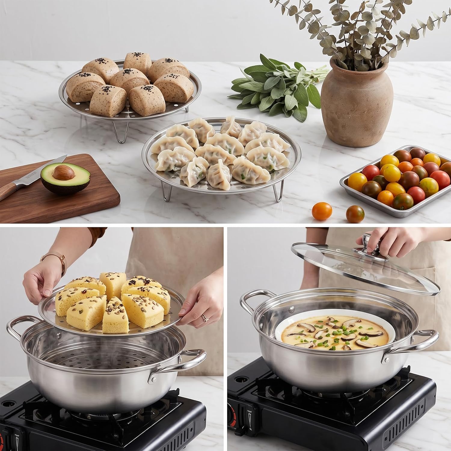 2-Piece Set Round Stainless Steel Steamer Basket for Pot