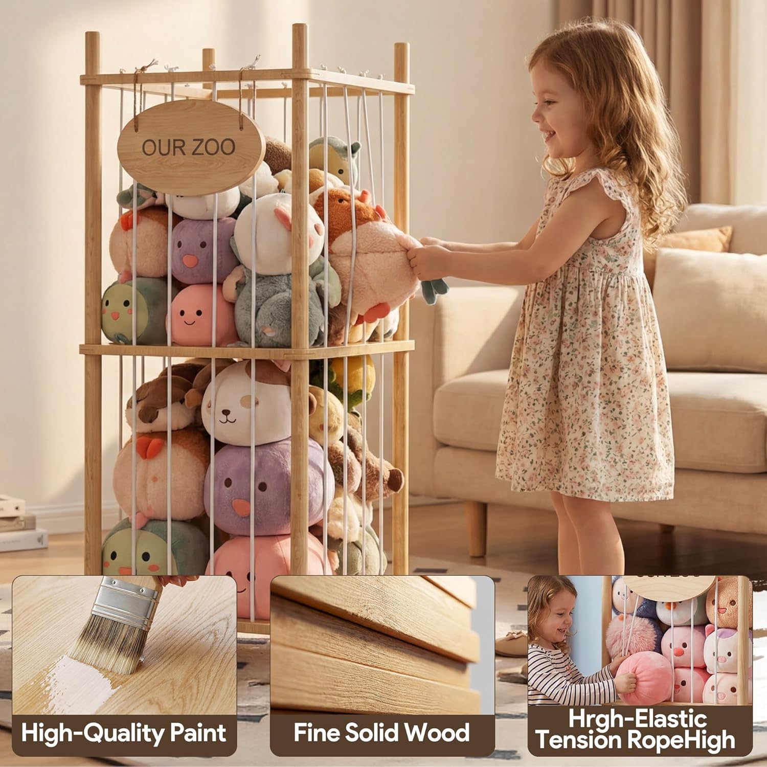 Brelley Stuffed Animal Storage Wood Toy Storage Organizer, Large Toy Chest Stuffed animal holder for Kids Nursery Playroom Bedroom