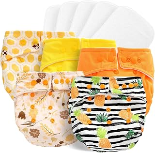 Baby Cloth Diapers One Size Adjustable Washable Reusable Pocket Diapers for Baby Girls and Boys 5 Packs +5 Microfiber Inserts (Yellow Orange)