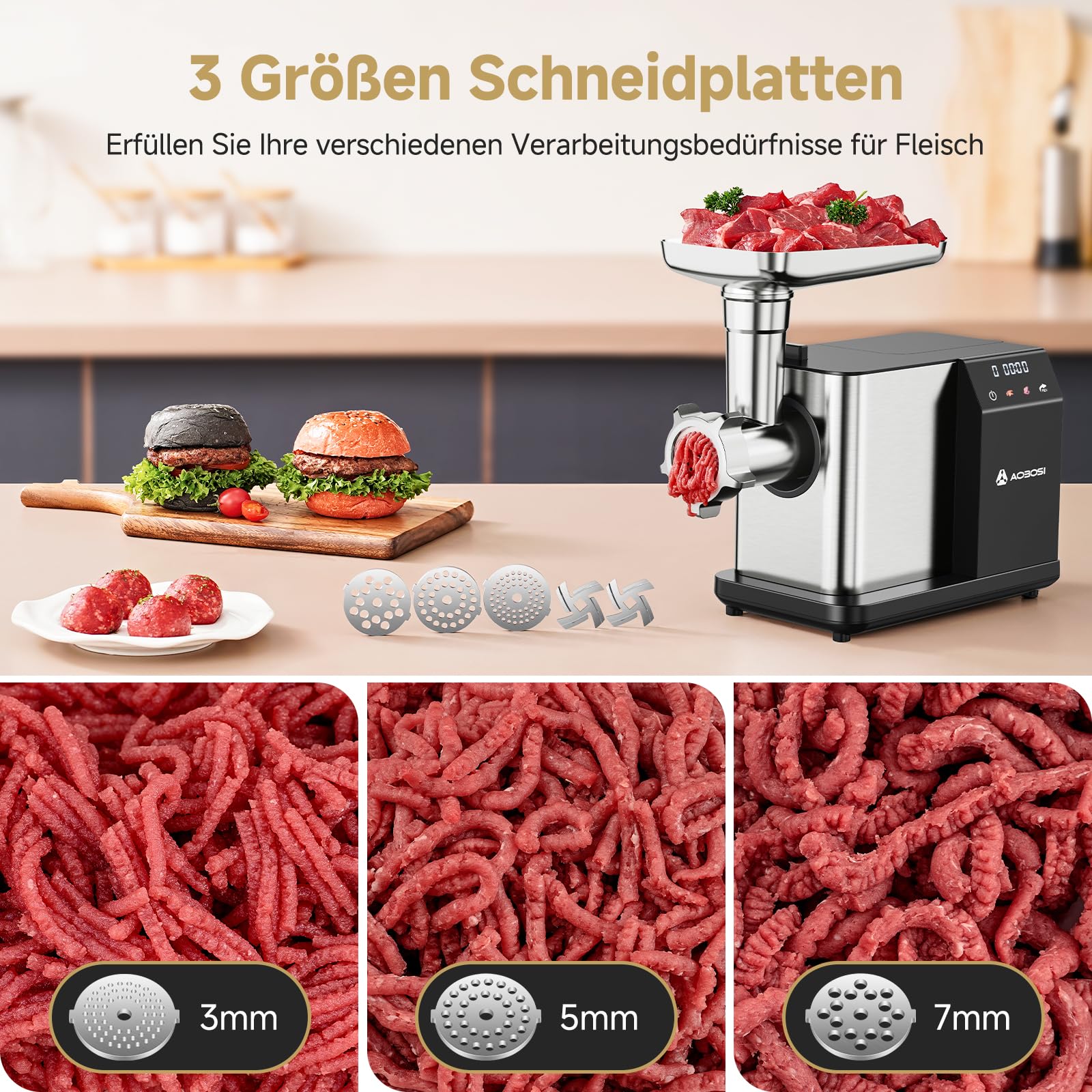 AAOBOSI Fleischwolf Elektrisch [3000W MAX] mit LED-Display,3 Geschwindigkeiten,Fleischwolf mit Anti-Verstopfungstechnik,Eingebauter Speicherbox,Wurstfüller & Kibbe-Herstellung für den Hausgebrauch