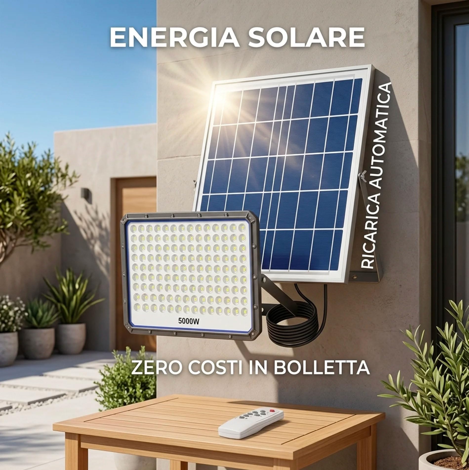 081 Store - Faro LED Esterno con Pannello Solare 5000W, IP66 Impermeabile, 320 LED, Luce Bianca 6500K, Telecomando, Autonomia 12 Ore