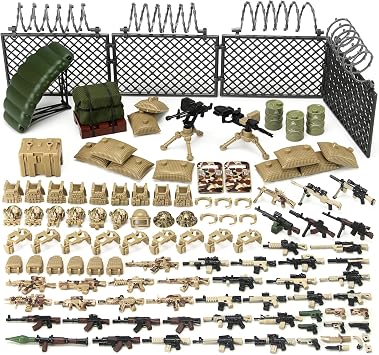 Military Weapons Set Army Toy Building Blocks Model Pack for Soldier Figures, Desert Camouflage Combat Suit Tactical Accessories Outfits Gear Kit Piece Gift for Kids