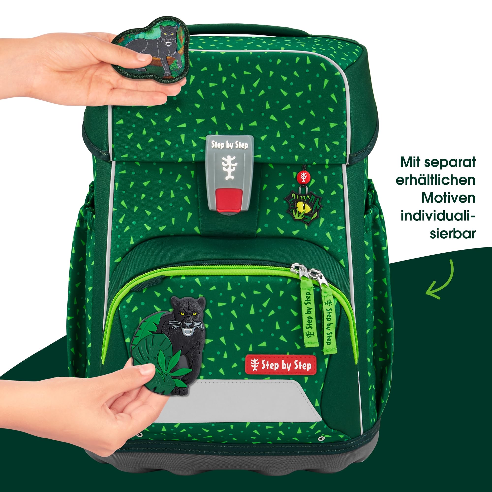 Step by Step Basis Schulranzen-Set „Green Graphics“, 4-teilig, grün, ergonomischer Tornister mit Reflektoren, Hüft- und Brustgurt, für Kinder ab der 1. Klasse, 20 Liter