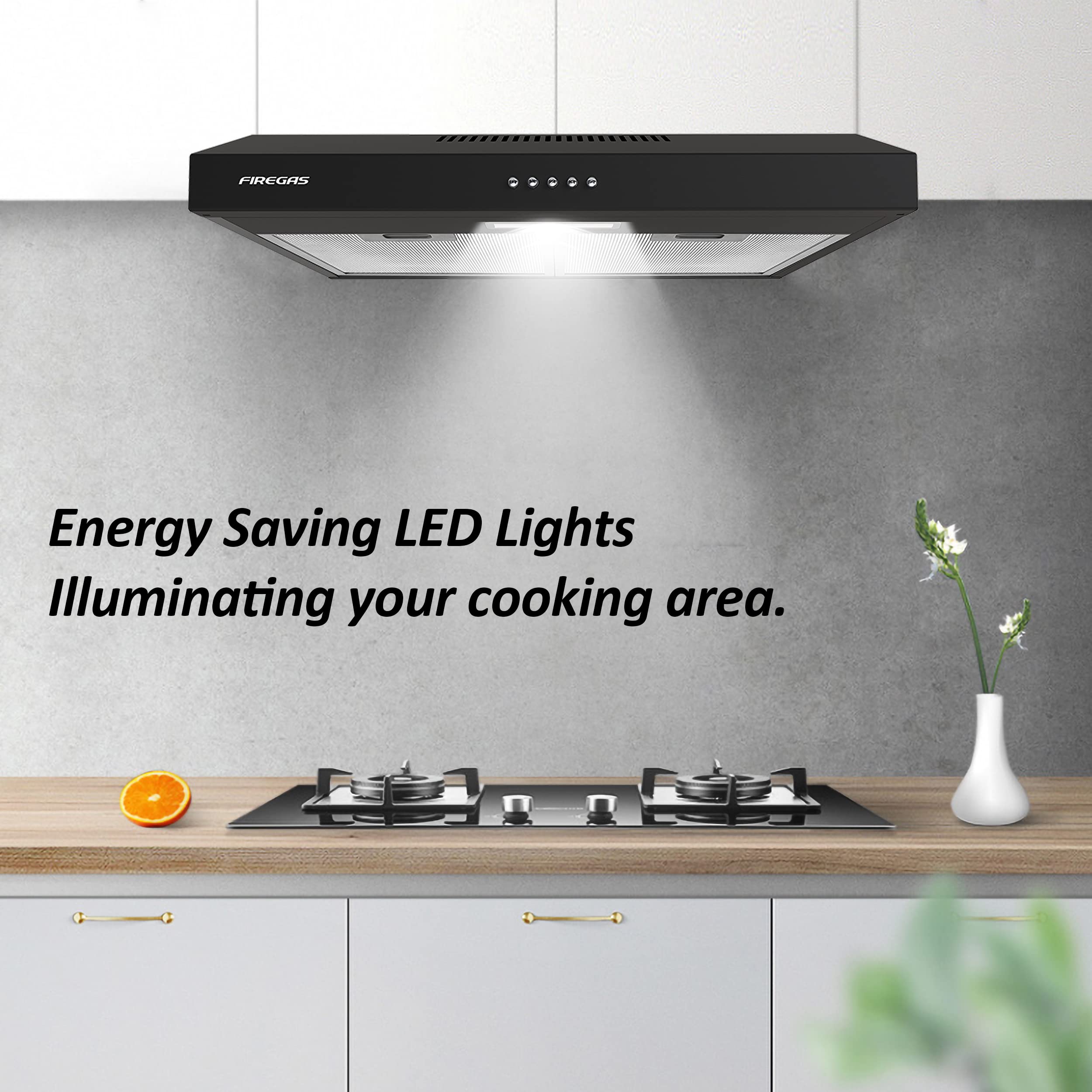 FIREGAS 60cm Visor Cooker Hood LED Extractor Hood Under Cabinet Hood Wall Mounted Extractor Fan Kitchen 600 mm Top Vented Range Hood,Black - 3