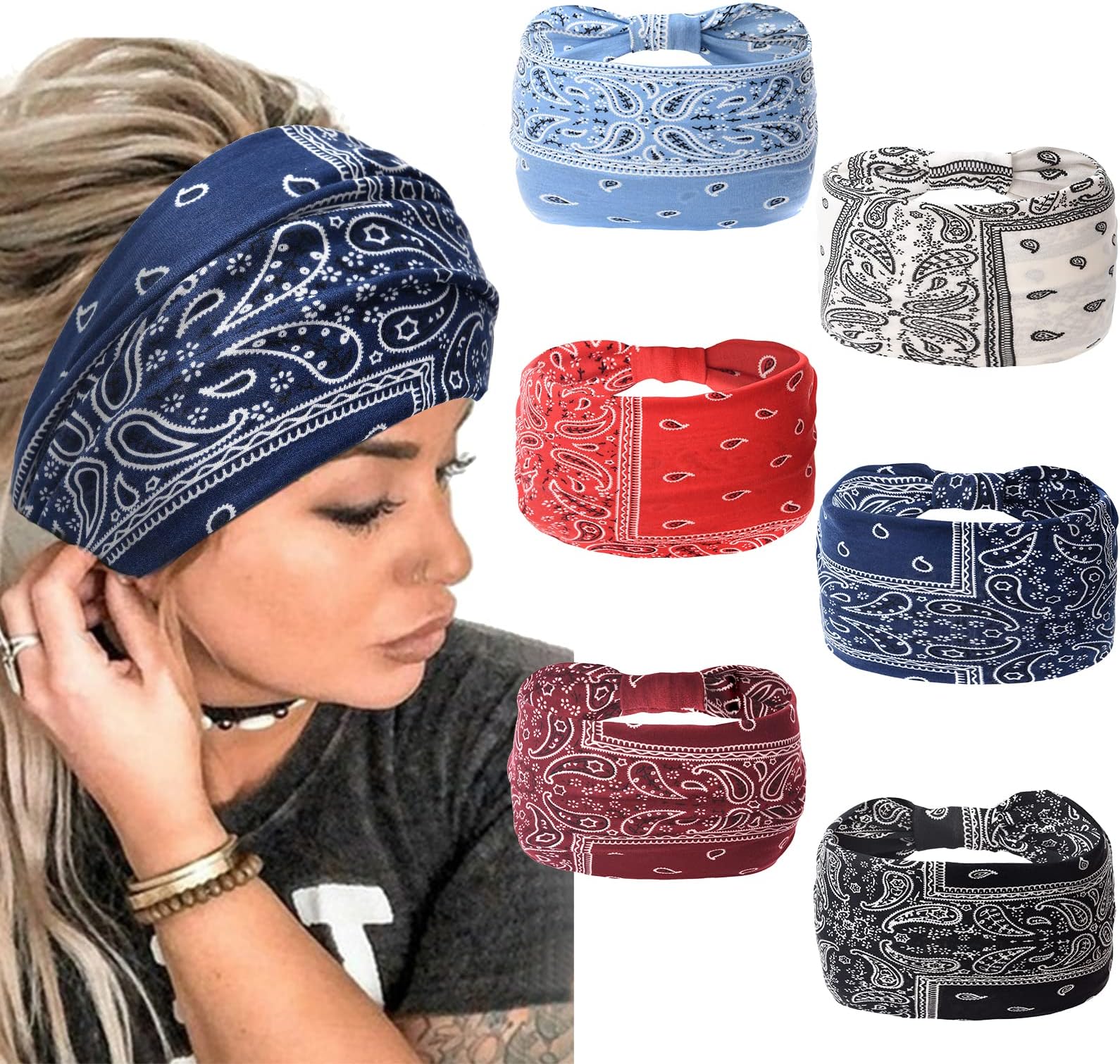 Yeshan Wide Bandana Headbands for Women Large Turban Head bands Stretch Knotted Head Wraps Floral Elastic Yoga Hair Bands Thick Headbands for Black Women and Girls