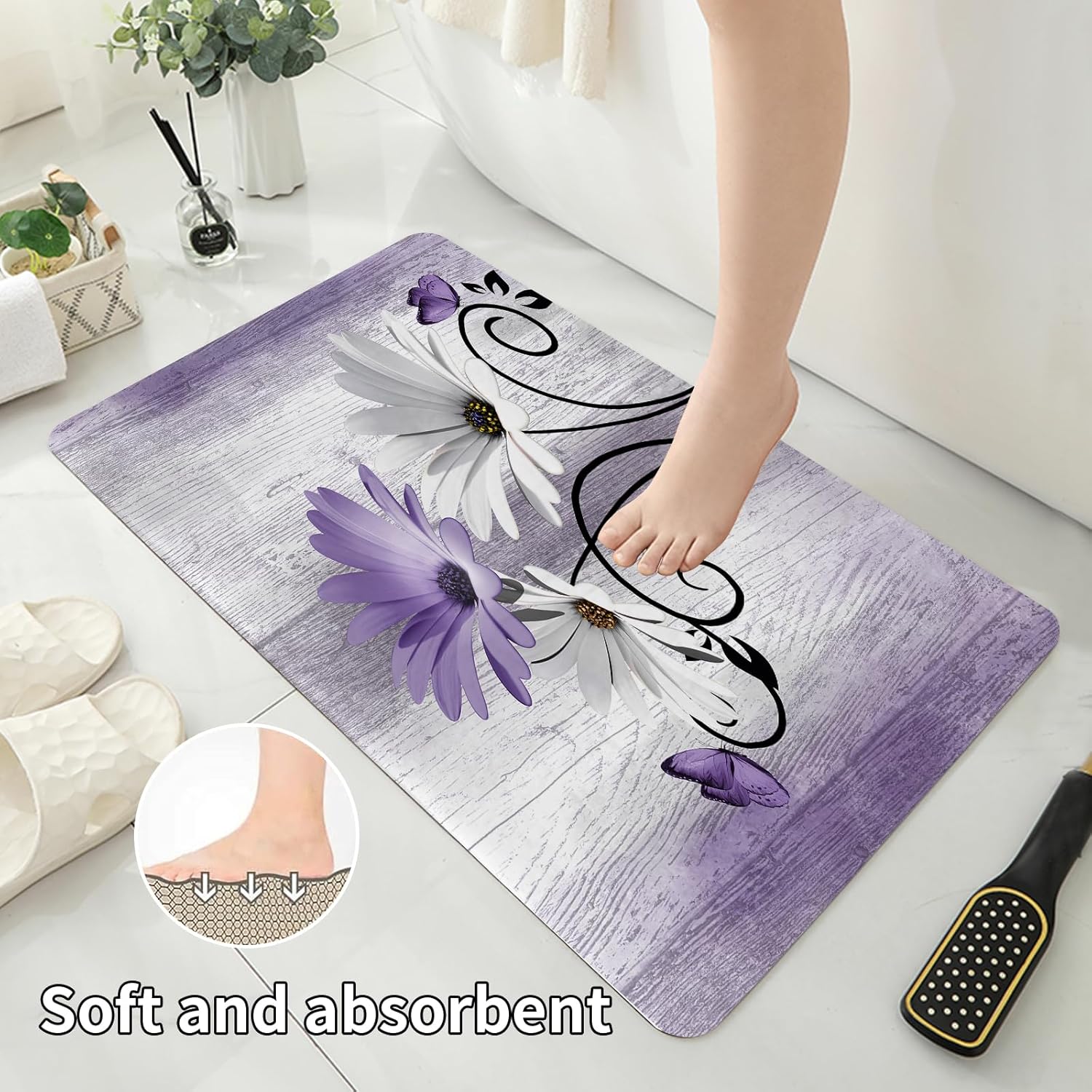 Onalasyc 4PCS Purple Daisy Flowers Plants Shower Curtain Set,Shower Curtain and Carpet and Accessories,Waterproof Bathroom Shower Curtain Decorative Set, with 12 pcs Hooks,71 x 71in