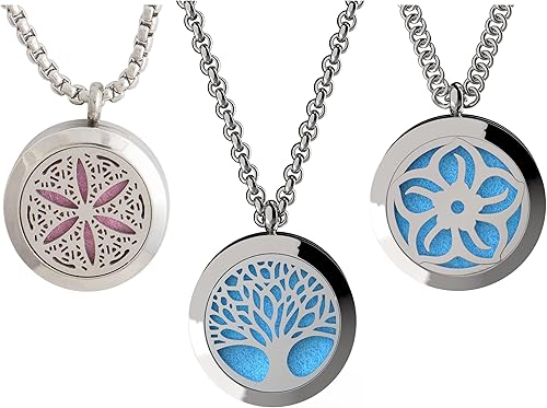 Wild Essentials - Collar difusor de aceite esencial de árbol de la vida, flor de la vida y flor de loto, colgantes de acero inoxidable con cadenas