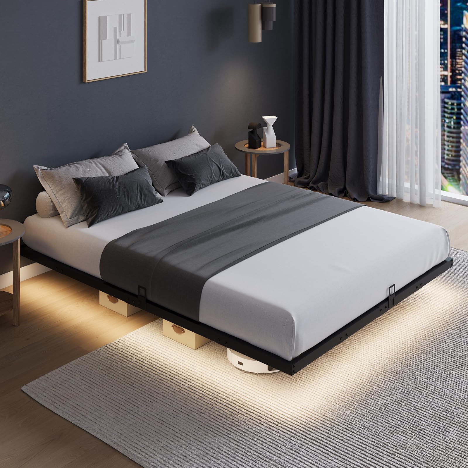 novilla floating bed frame with led lights, modern platform queen bed frame with mattress slide stopper, easy assembly, no box spring needed, noise free
