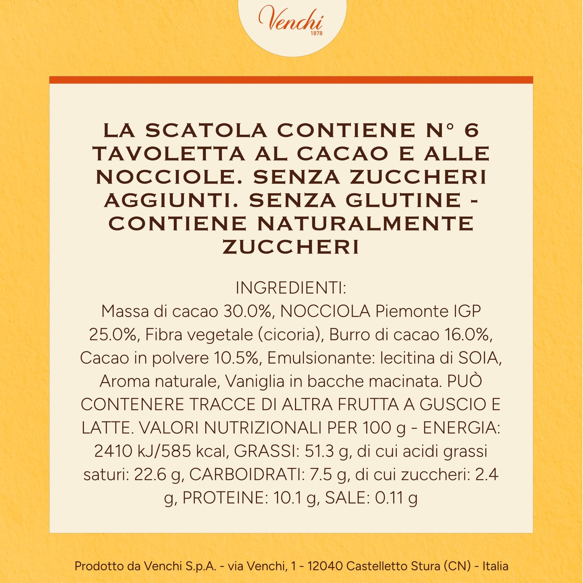 Venchi - Kit di 6 Tavolette Nocciolate Extra Fondenti, 600 g - NO Zuccheri Aggiunti - NO Edulcoranti Artificiali - Senza Glutine - Vegano - Idea Regalo