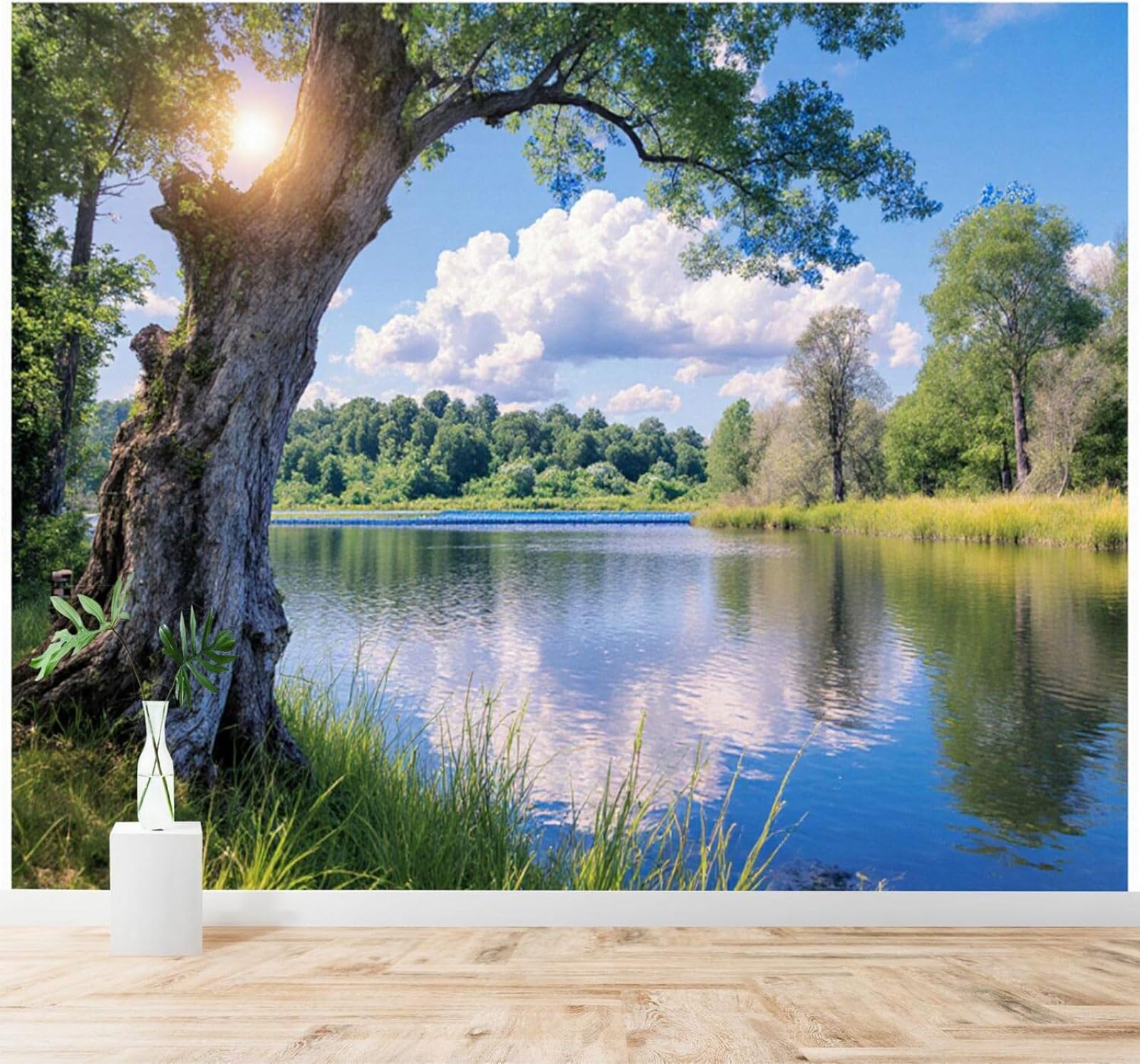 Xlming 400Cm×280Cm(B×H) Serene Lake Blue Sky White Clouds Forest Reflection 3D Wallpaper Silky Texture Home Study Office Grey Dining Room Sofa Bedroom Living Room Tv Backdrop-400Cm×280Cm