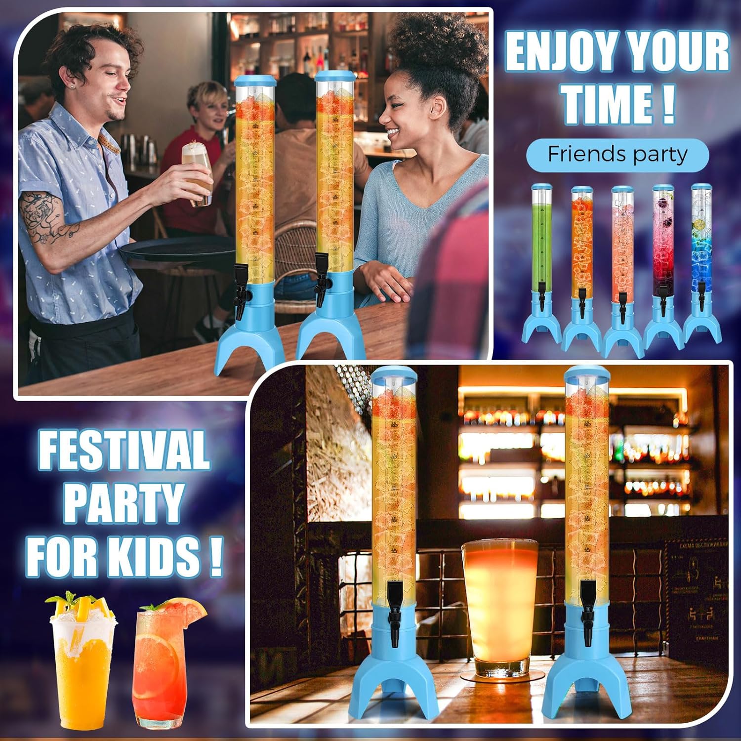 Domensi 6 Pcs Drink Tower Dispenser Mimosa Tower with Ice Tube and Bottomless Mimosa Lunch Beer Beverage Drink Tabletop Liquor Dispenser for Bar Party(3l,Blue)