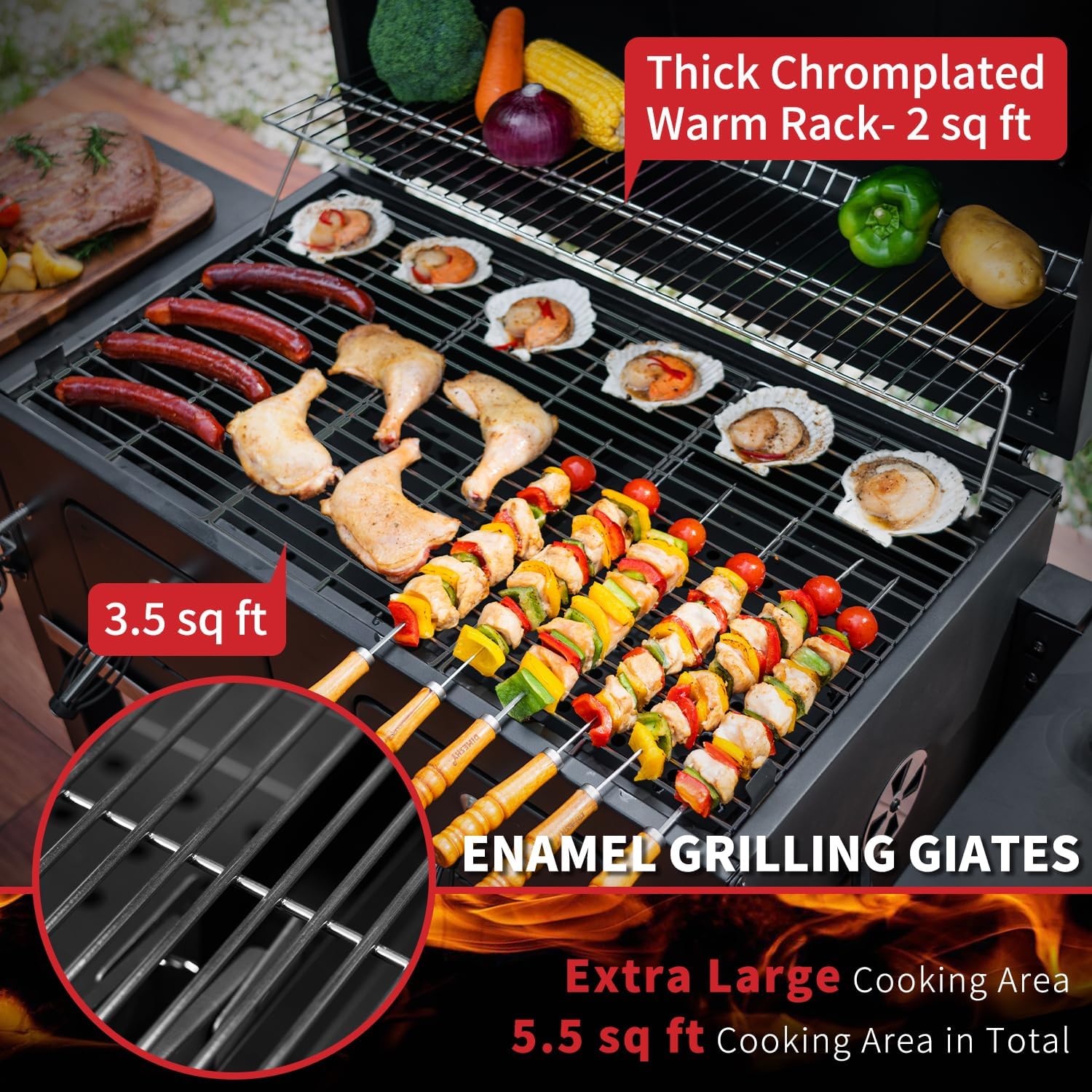 Kenadne Charcoal Grill Outdoor BBQ Grill, Extra Large Cooking Area 794 Square Inches with Two Individual & Adjustable Charcoal Tray, Foldable Side Tables for Outdoor Cooking grill Backyard