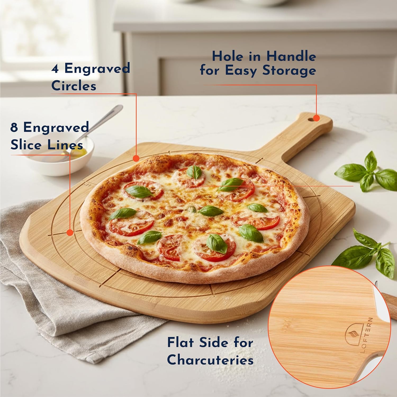 Loftern Wooden Pizza Peel 12 Inch Board with Engraved Sizes - Multi-Purpose Bamboo Pizza Cutting Board, Wood Pizza Peel, Pizza Spatula Paddle, and Serving Board with Size and Cutting Guide