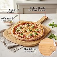 Vista 4 de Loftern Pizarra de madera de 12 pulgadas con tamaños grabados, tabla de cortar de pizza de bambú multiusos, cáscara de pizza de madera, espátula