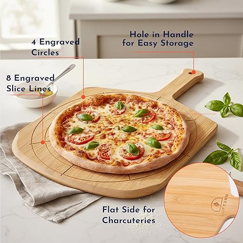 Vista 4 de Loftern Pizarra de madera de 12 pulgadas con tamaños grabados, tabla de cortar de pizza de bambú multiusos, cáscara de pizza de madera, espátula