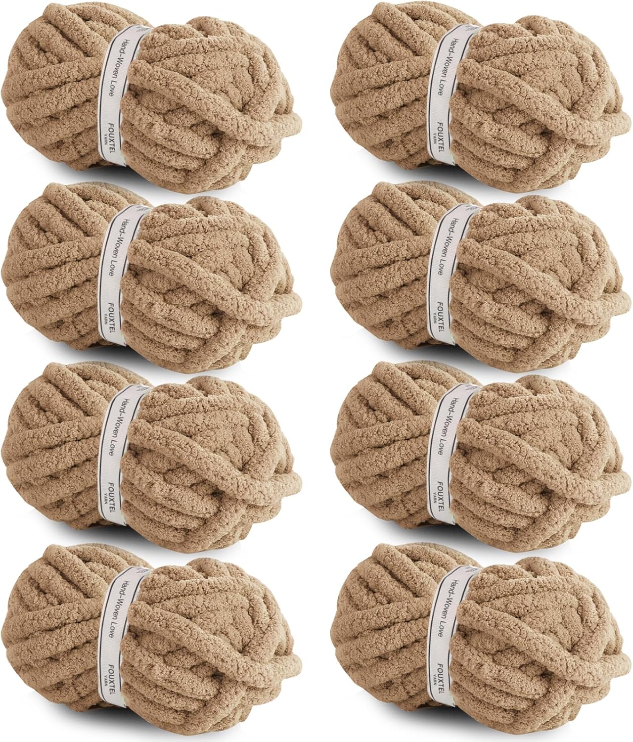 8 Jumbo Packs Chunky Chenille Yarn for Crocheting, 31.7 yds, 8 oz Each Skein Bulky Thick Fluffy Yarn for Knitting, Super Bulky Chunky Yarn for Hand Knitting Blanket, Soft Plush Yarn - Khaki