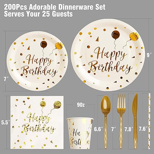 Miniatura 2 de 200 piezas de suministros de fiesta de cumpleaños blancos y dorados, juego de vajilla desechable de feliz cumpleaños, cuchillos de plástico dorado,