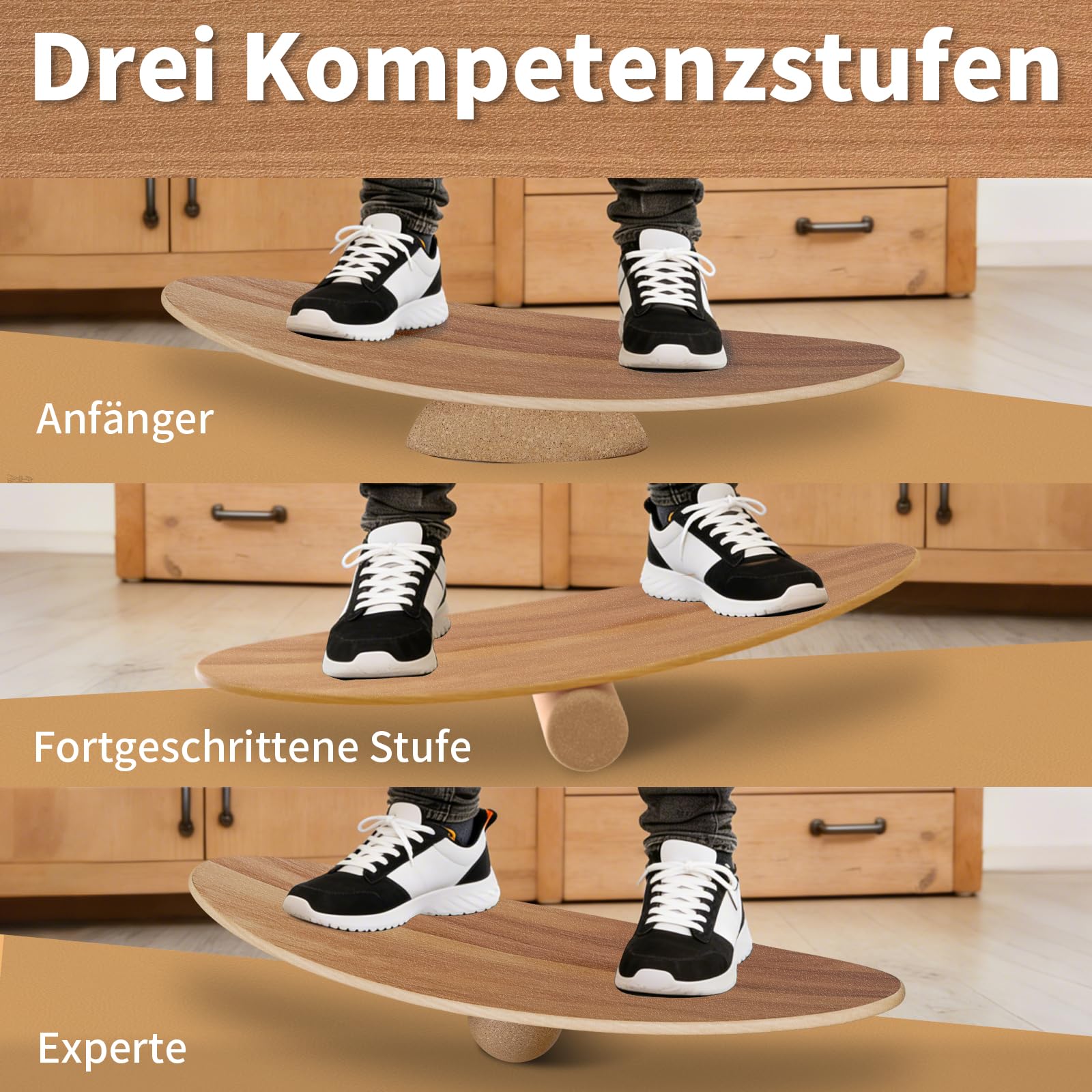 Balance Board aus Holz für Erwachsene – Rocker Shape Design mit rutschfester Oberfläche, inkl. Korkrolle, Halbkugel, Balanceball und Matte