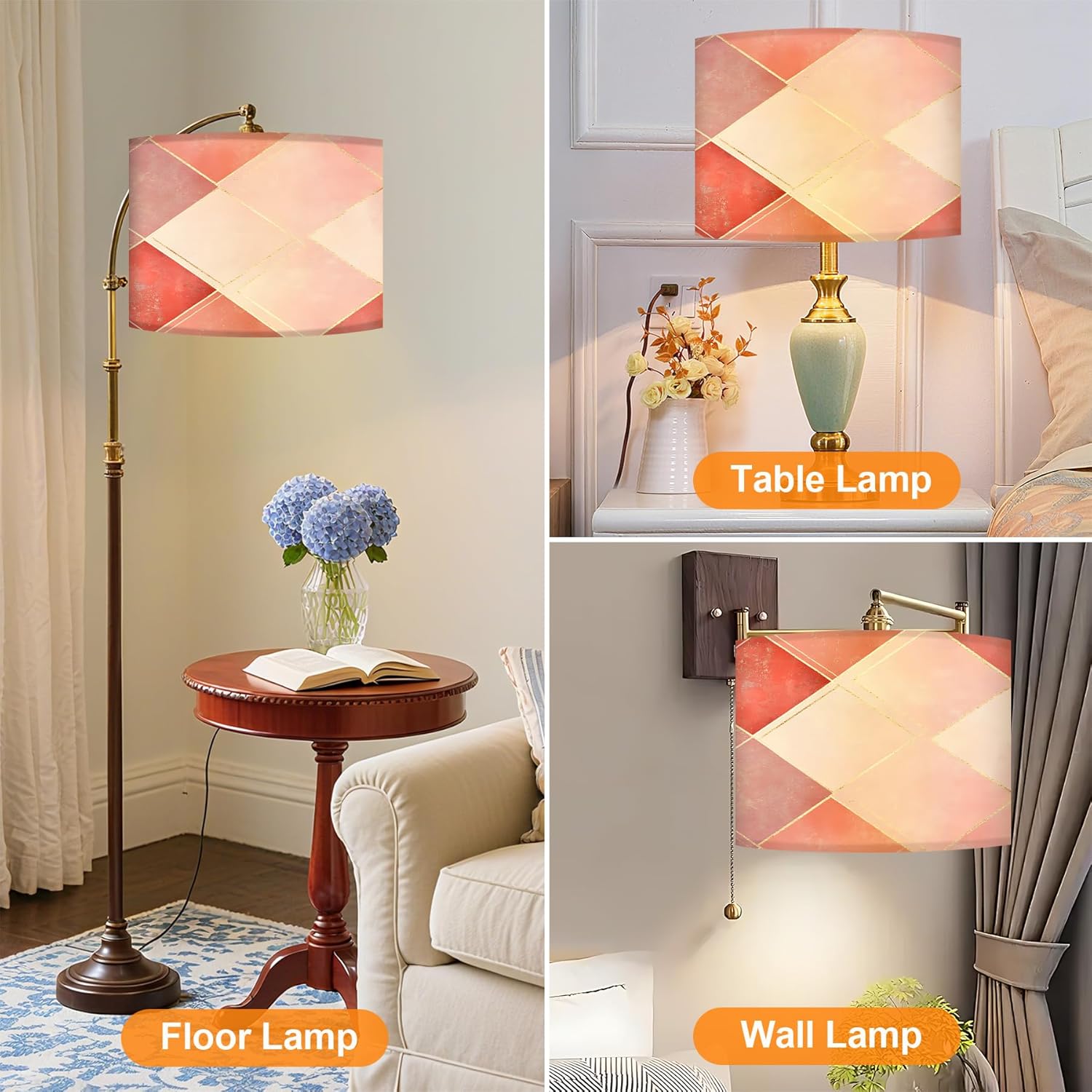 Fabric Lamp Shades Set of 2, 13Inch Flowers and Plants Lamp Shades,Natural Linen Hand Crafted, Lamps Shades for Table Lamps, Floor Lamps (2, Checker)
