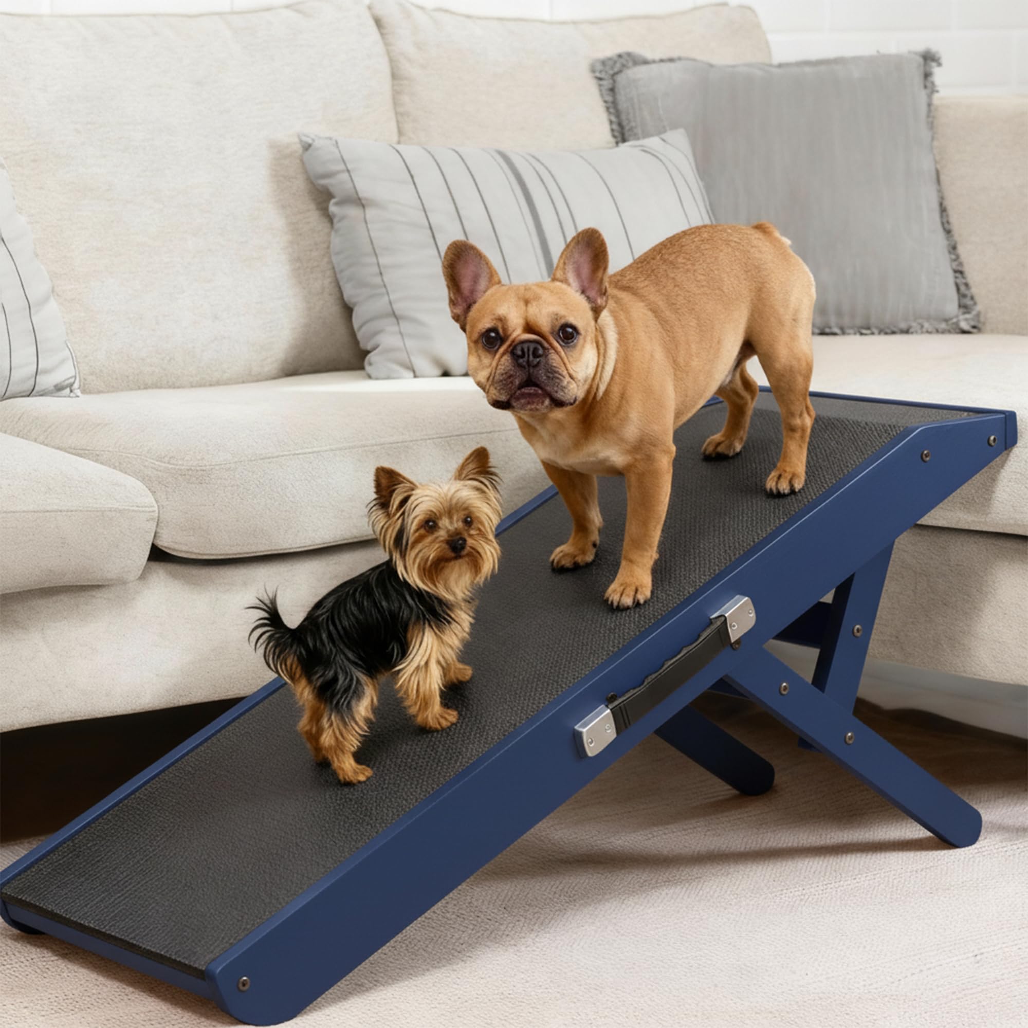 Dog ramp for Couch PRIORPET - Birchwood Foldable Dog ramp - Adjustable 7" to 20" - Landing Platform Seamlessly Connects - Anti-Slip Grip - Pet Ramp for Small Dogs up to 170lbs - Blue
