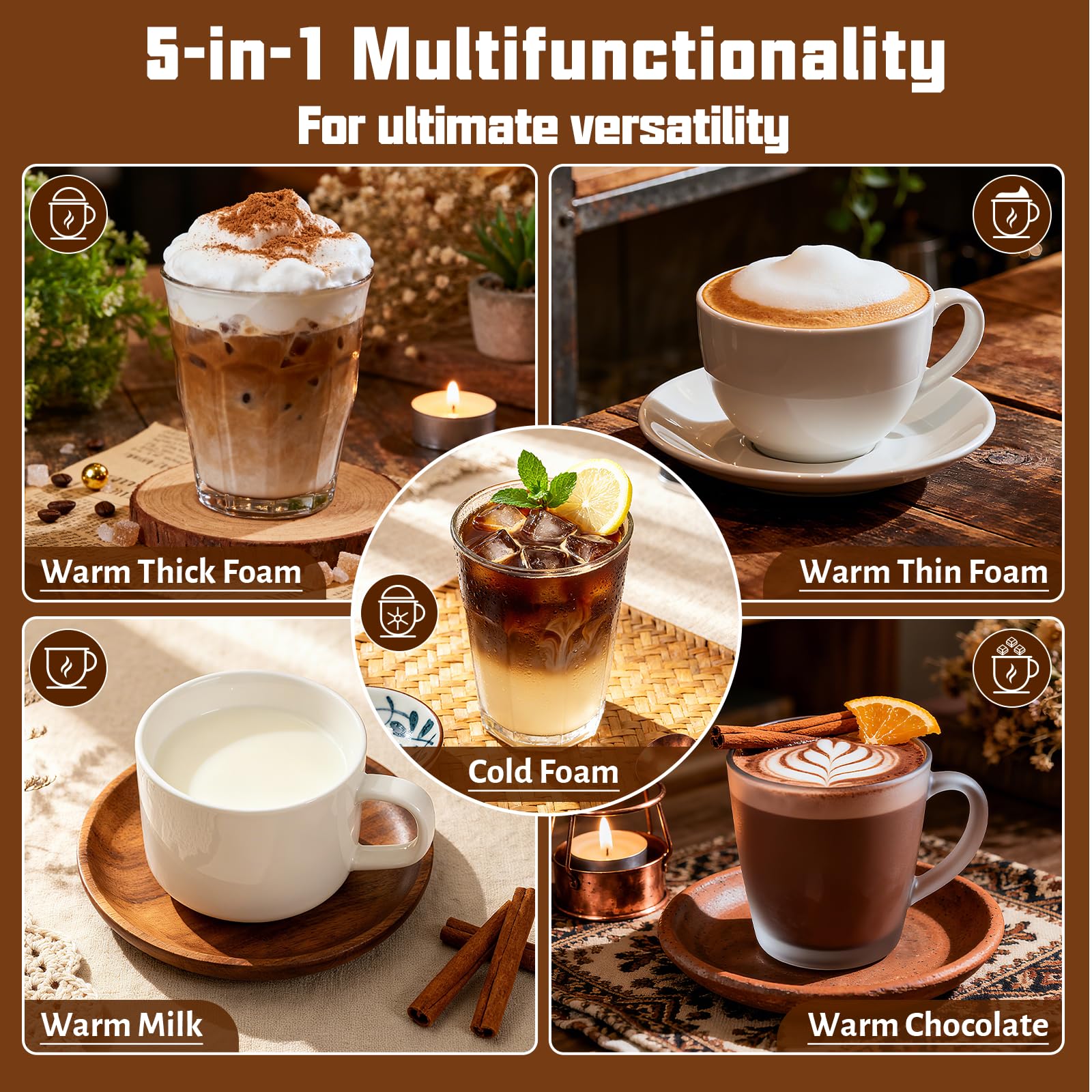 Elektrischer Milchaufschäumer – 5-in-1 Milchschäumer 500ml Edelstahlbehälter, Abnehmbarer & Spülmaschinenfester Milchbehälter, Temperaturkontrolle, Für Heiße & Kalte Milch, Cappuccino, Latte