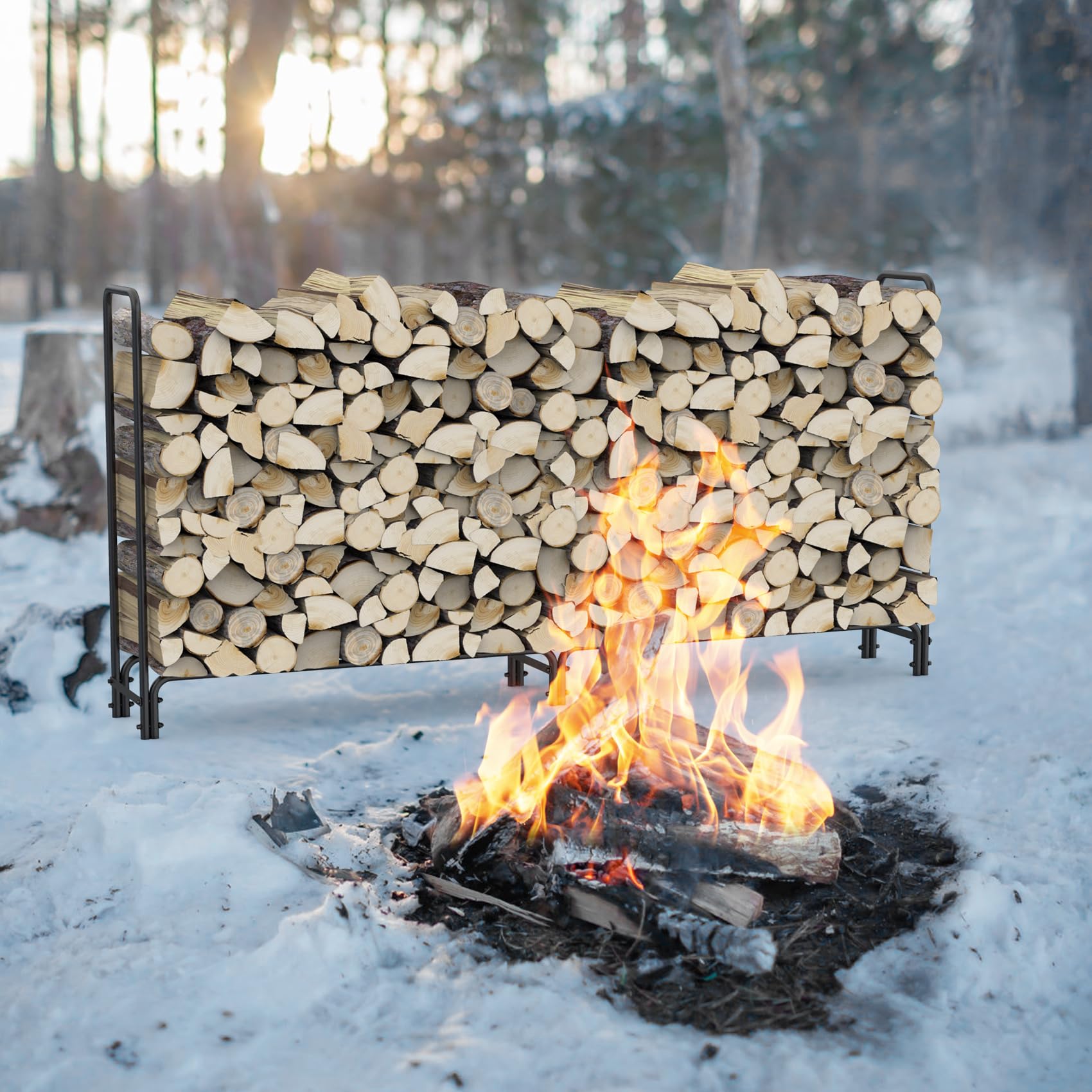 onlyfire Brennholzregal Außen, 243,8 x 34,3 x 122,4 cm, Kaminholzhalter Holzregal für Innen Außen, Kaminholzunterstand für Veranda Garten Terrasse Hof, Kaminholzlager, Firewood Rack, Stahl, Schwarz